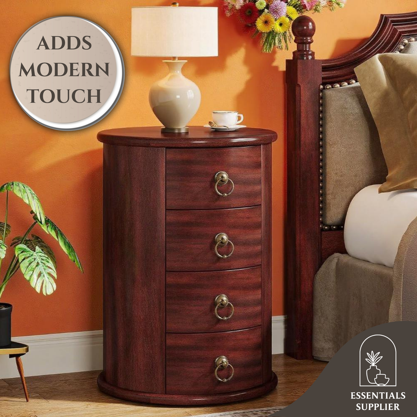 Cherry Brown 4-Drawer Coffee Table Nightstand – Rustic Vintage Storage Side Table