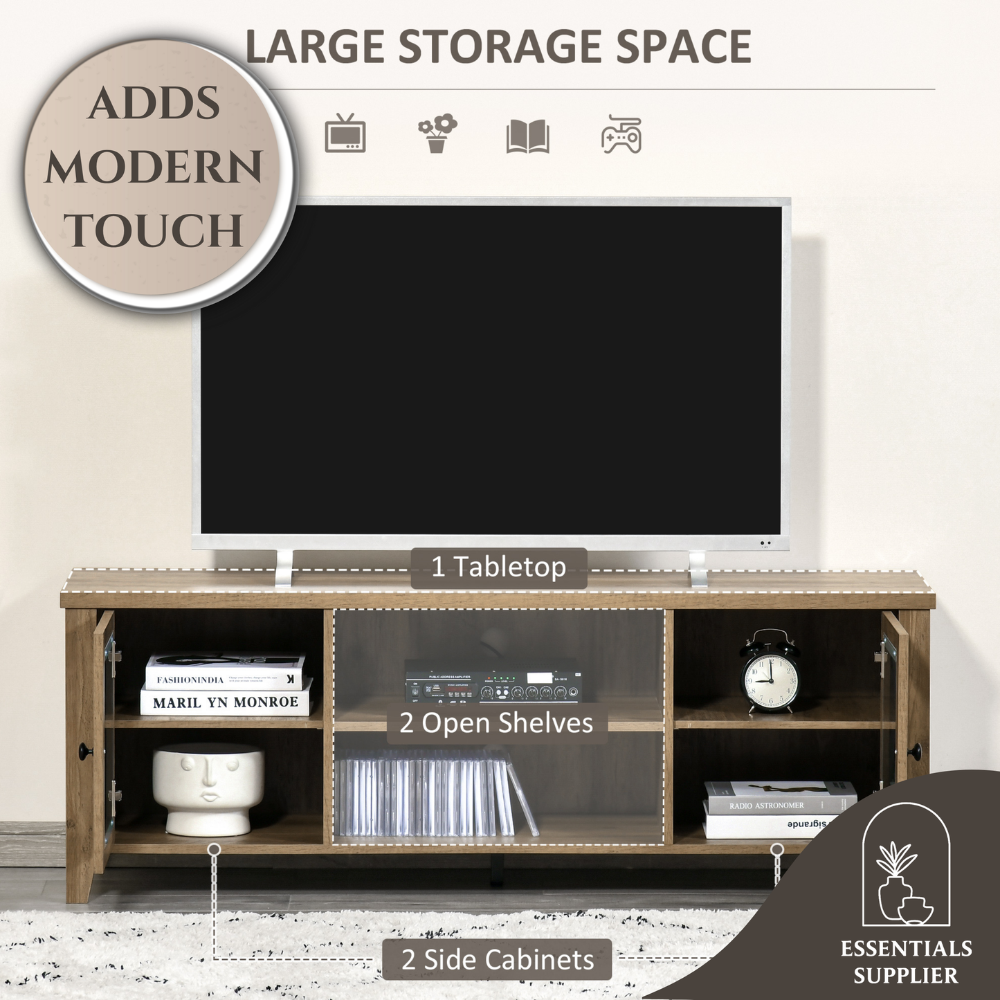 55" Brown LED TV Stand with Adjustable Shelves & Cable Management – Modern Cabinet