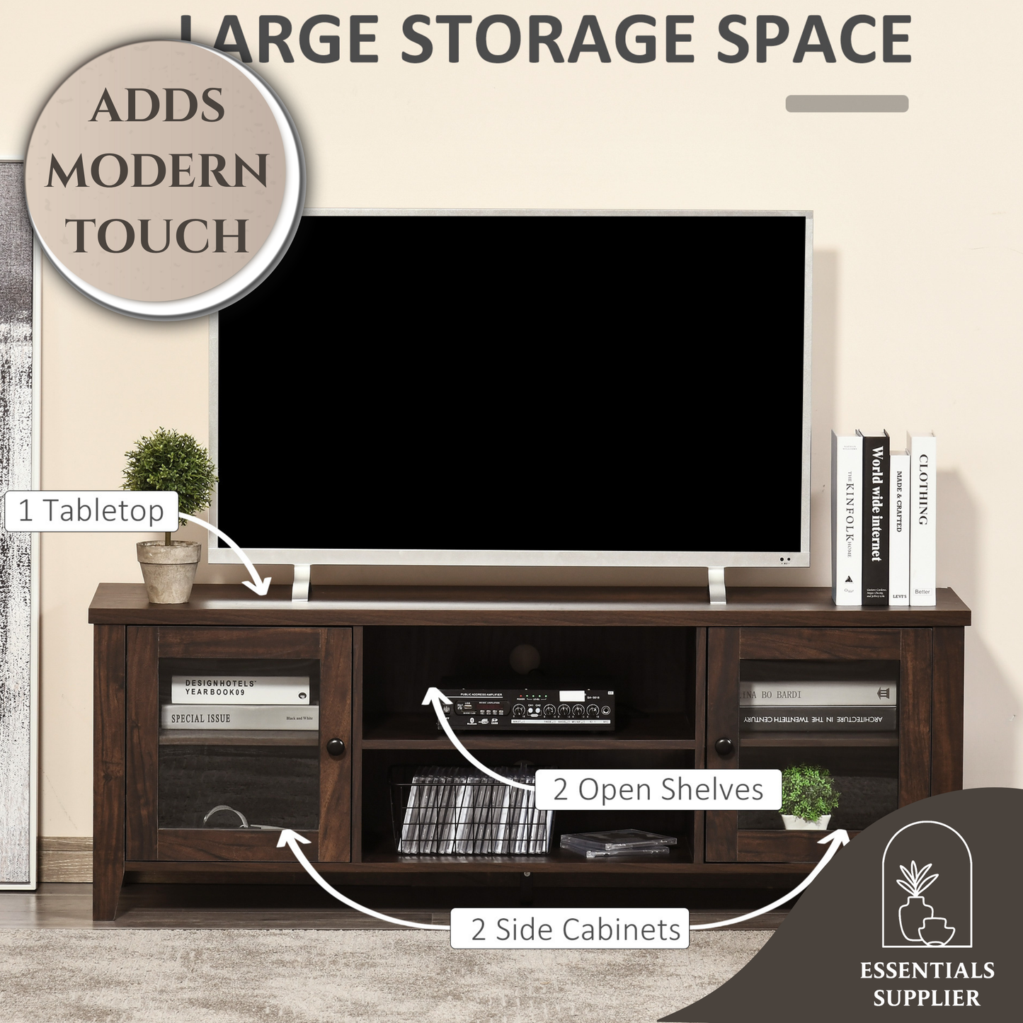 55" Coffee LED TV Stand with Adjustable Shelves & Cable Management – Modern Cabinet