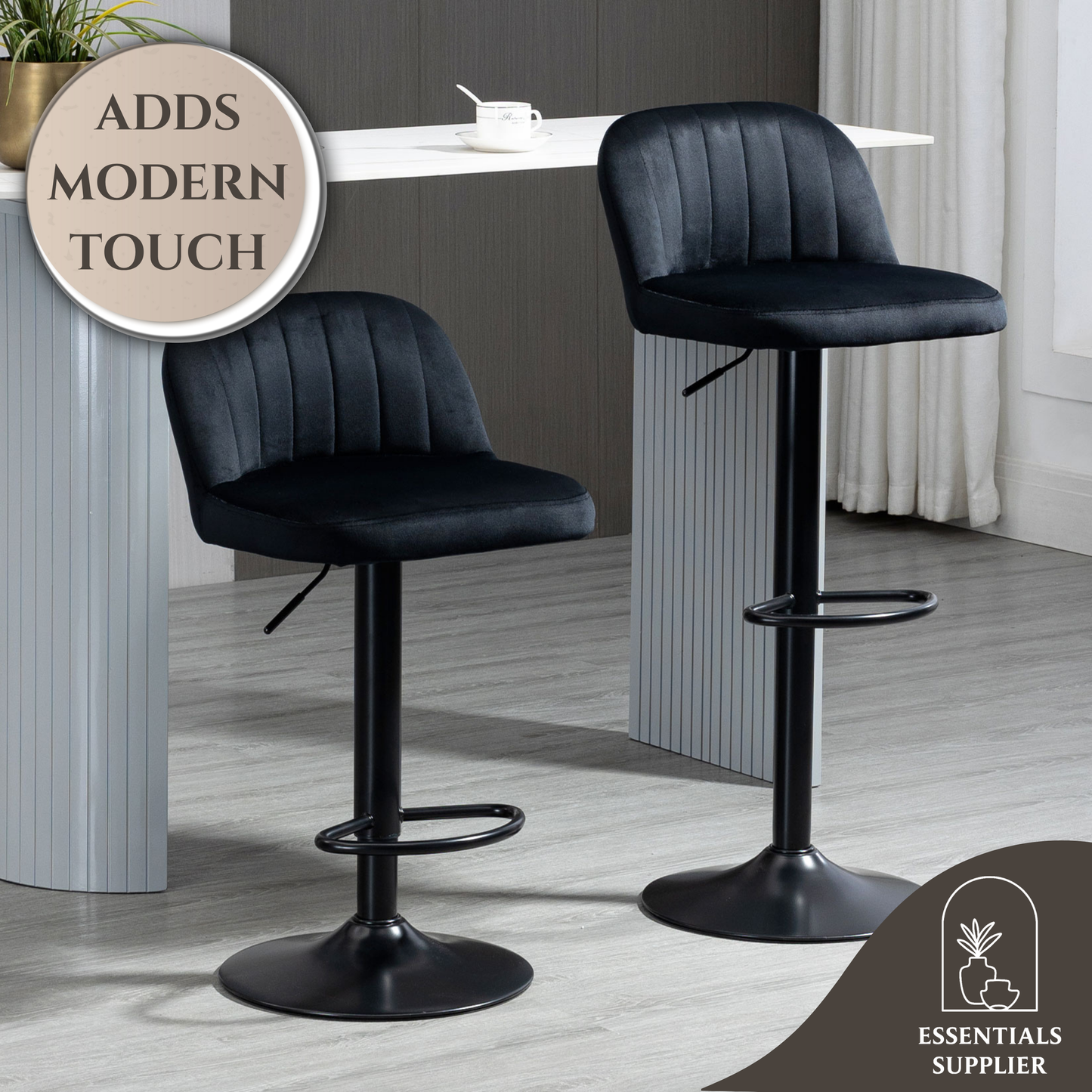 Set of 2 Black Velvet Adjustable Swivel Bar Stools with Footrest – Modern Counter Chairs