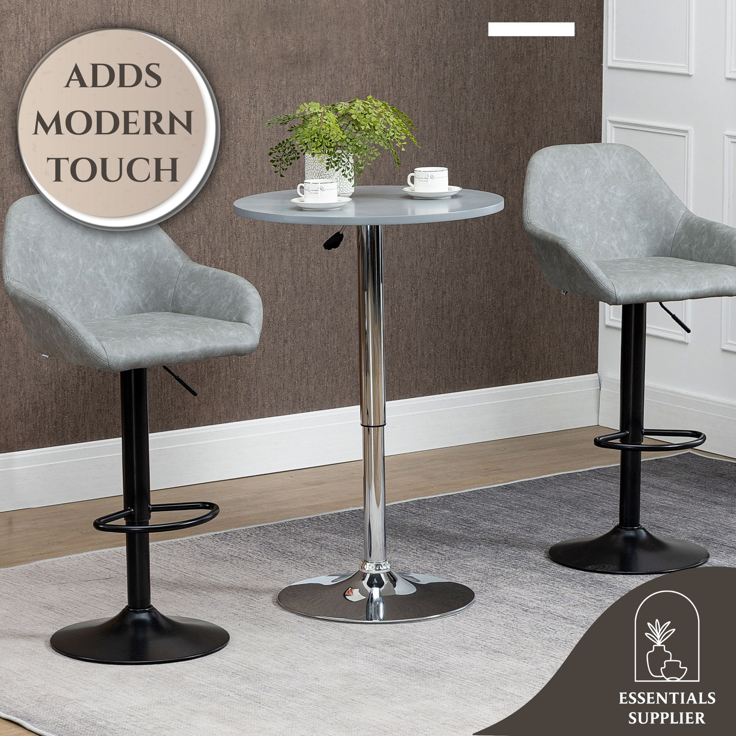 Set of 2 Grey PU Leather Adjustable Swivel Bar Stools with Footrest – Modern Counter Chairs