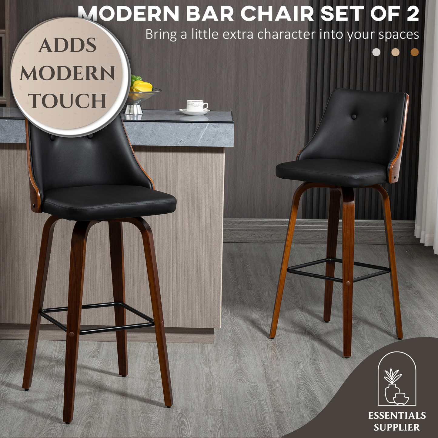 Set of 2 Black PU Leather Wingback Swivel Bar Stools with Tufted Back & Footrest