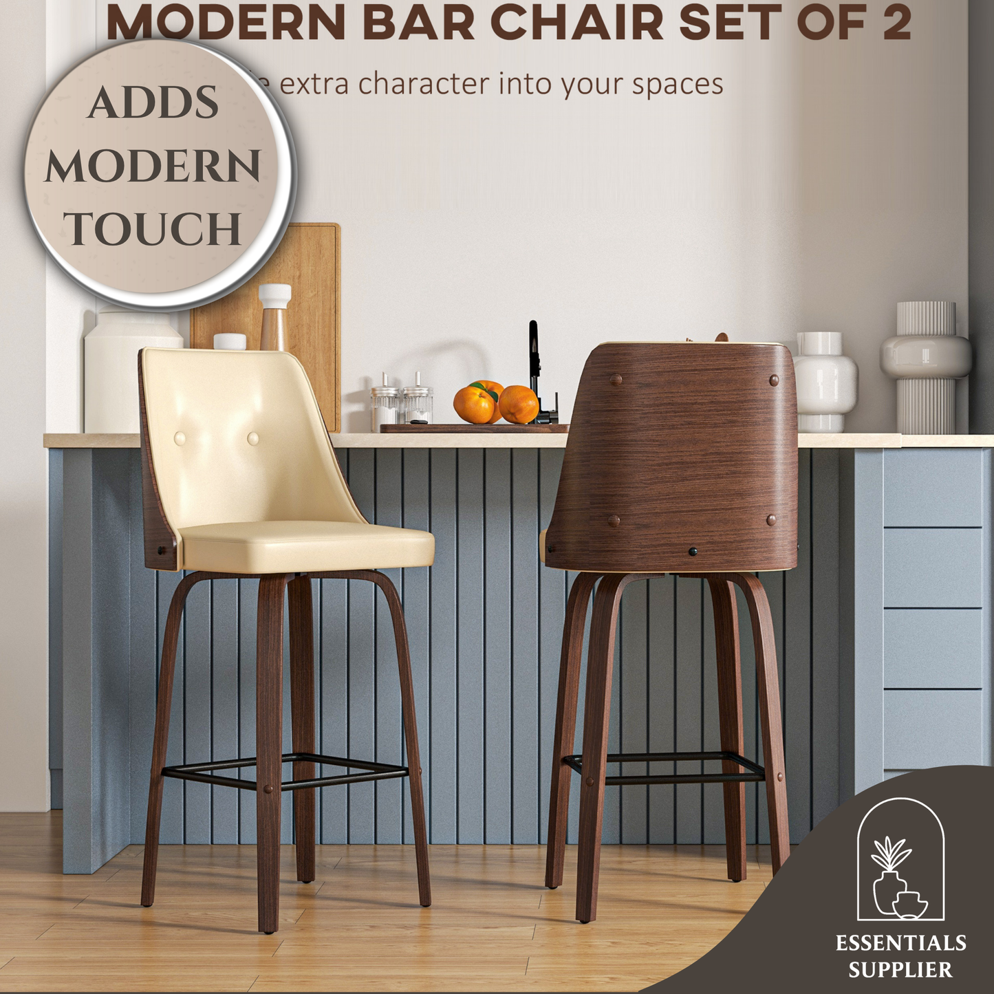 Set of 2 Beige PU Leather Wingback Swivel Bar Stools with Tufted Back & Footrest