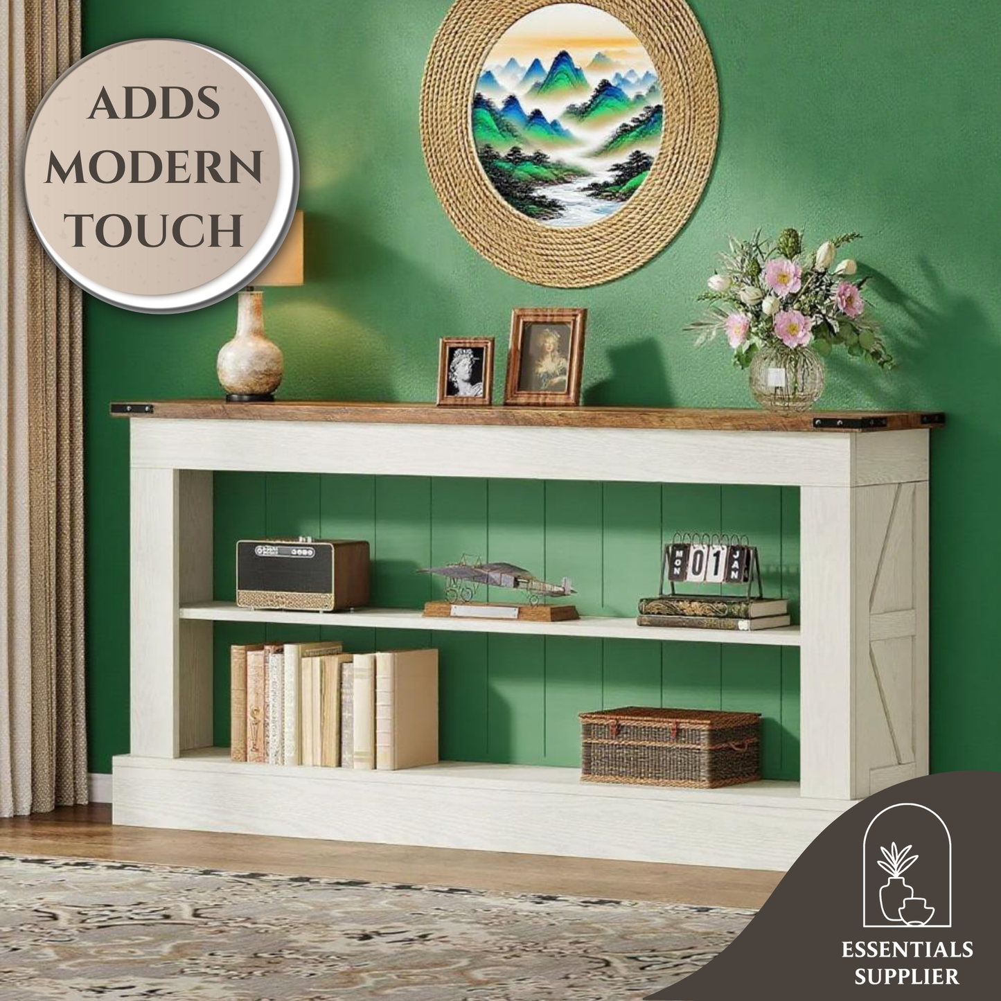 Modern Farmhouse Console Table with 2-Tier Shelves – White & Natural Wood