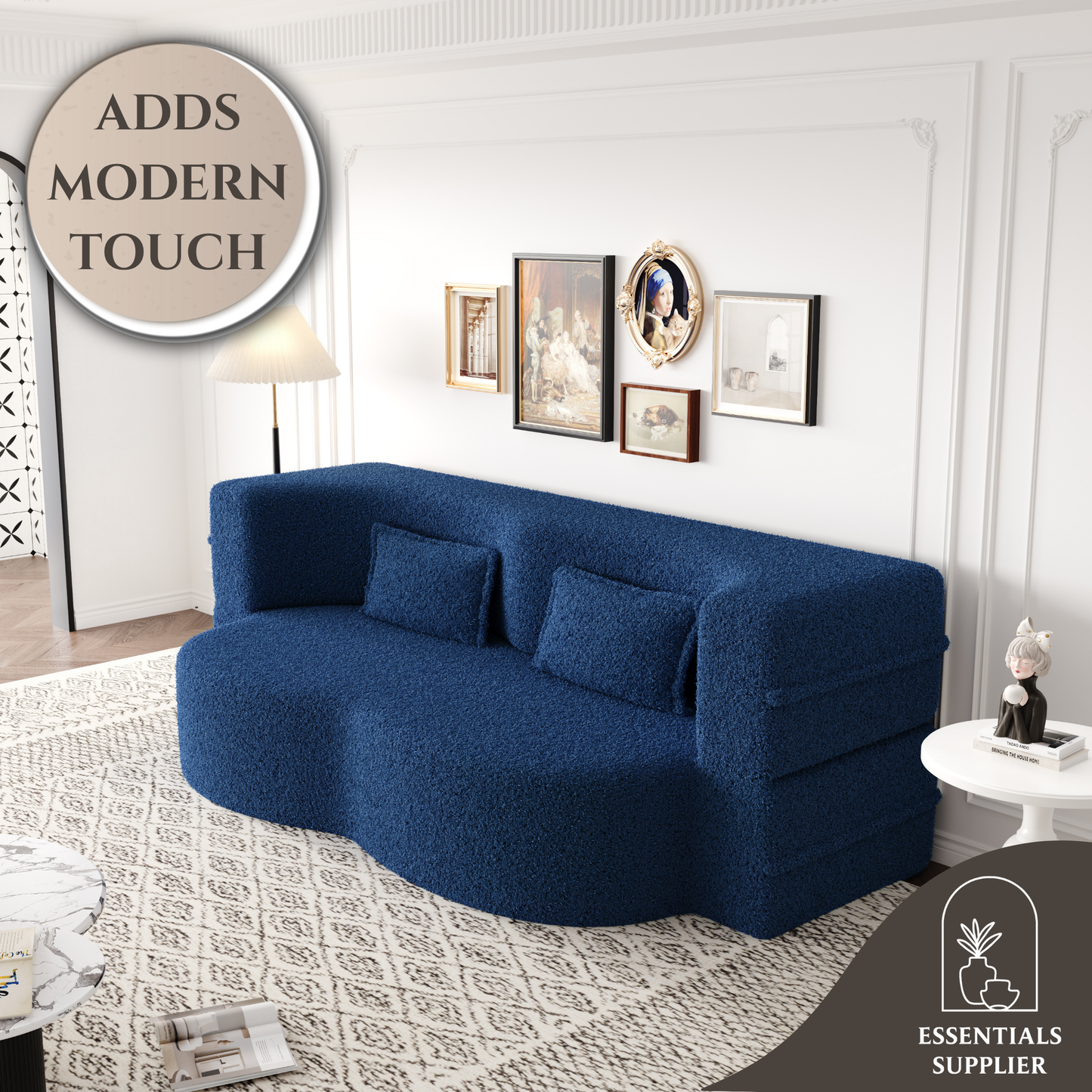 Blue Teddy Fabric Convertible Floor Sofa Bed with 2 Pillows, Full Size 78"