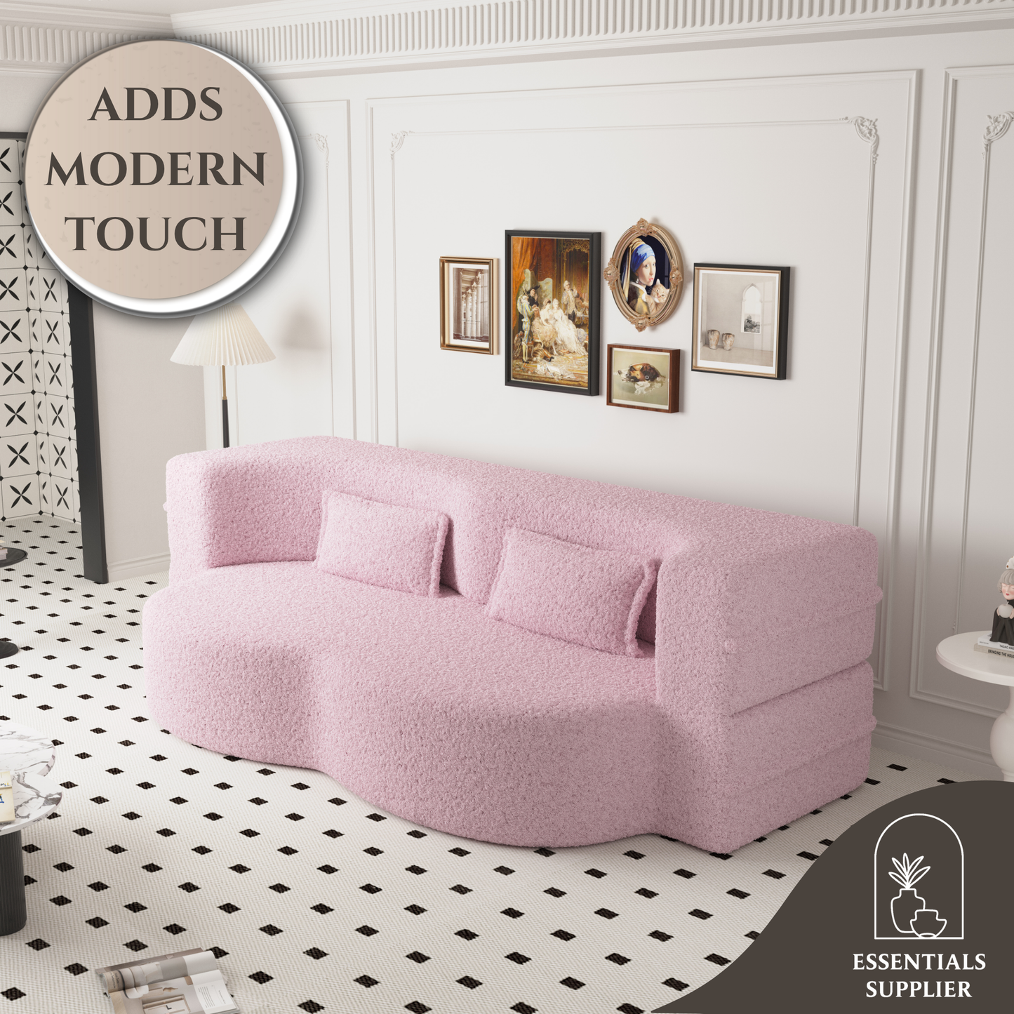 Modern Pink Teddy Fabric Floor Sofa Bed with 2 Pillows – Convertible & Space-Saving