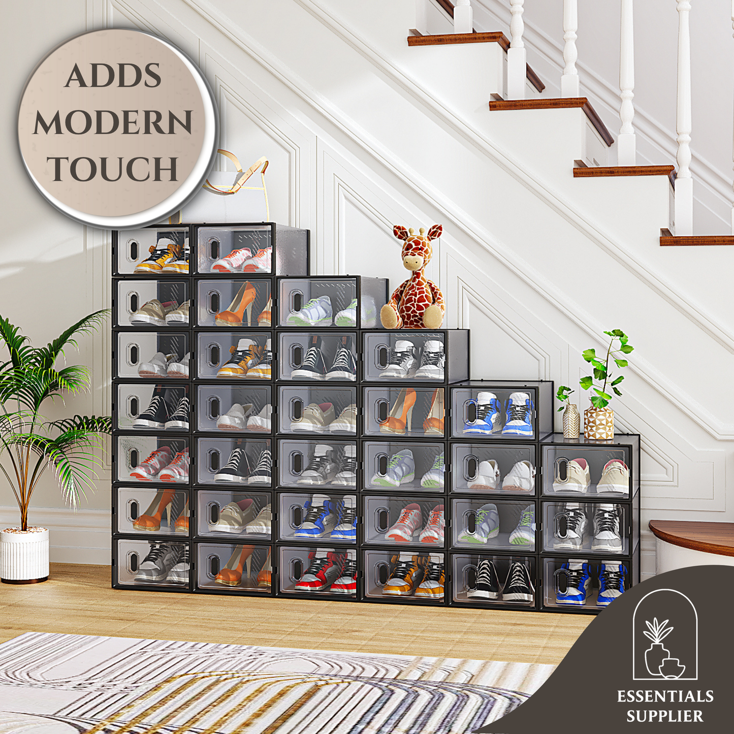 32PCS Black Plastic Mesh Shoe Boxes, Small Size, 33×23×14cm, Stackable