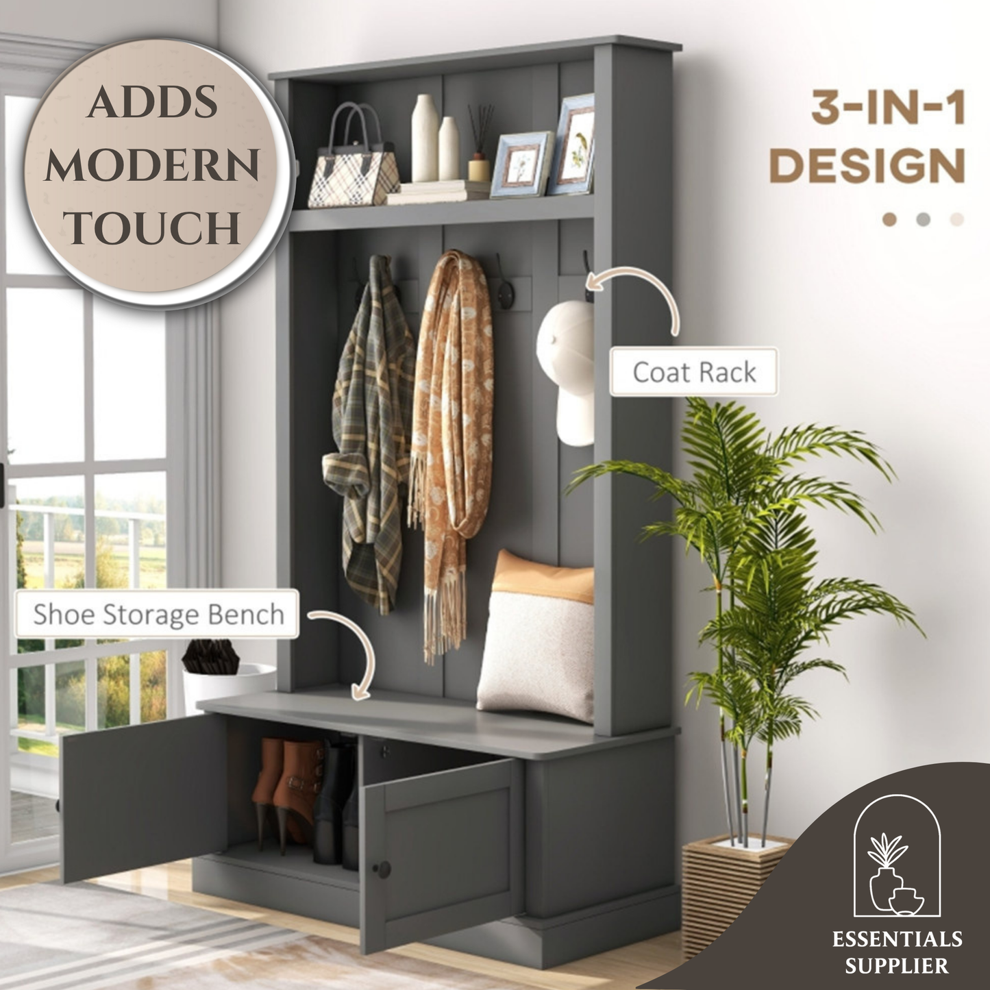 Gray Entryway Hall Tree with Storage Cabinet, Bench & Coat Rack