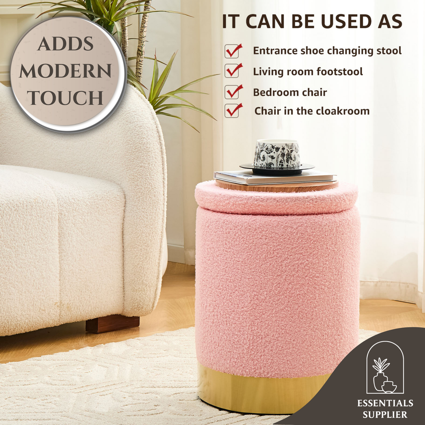 Teddy Velvet Round Ottoman Stool with Storage, Padded Seat, Metal Base, Pink