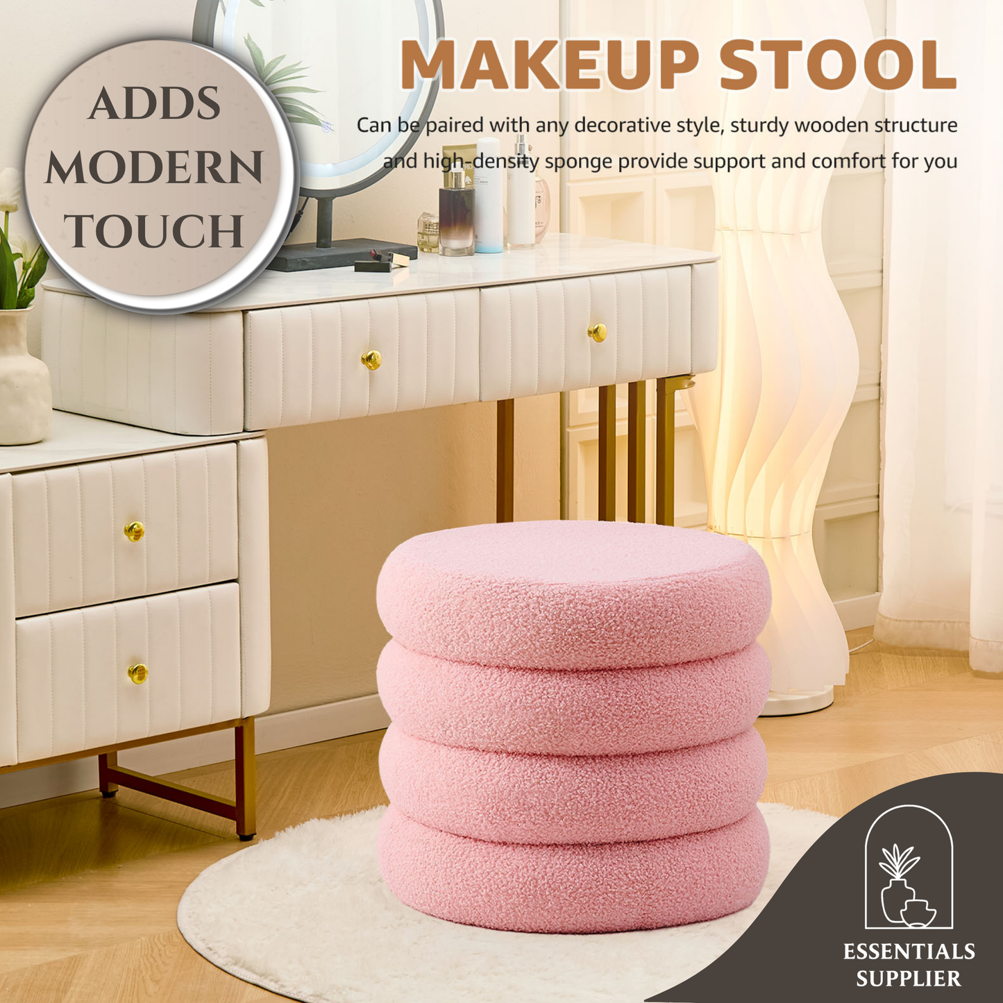 Round Shape Storage Ottoman Stool with Flip Tray, Vanity & Footrest Chair, Pink