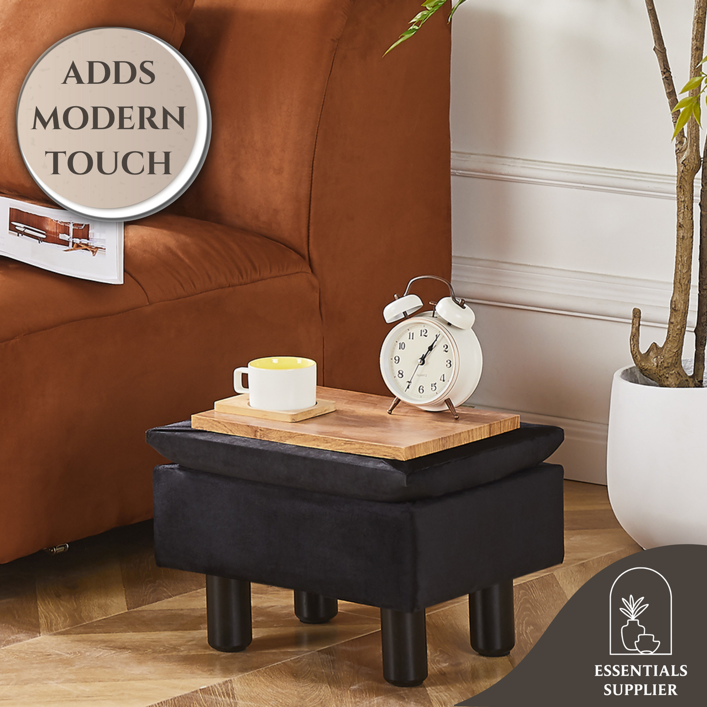 Linen Storage Ottoman Foot Stool – Black Step Seat with Solid Wood Legs