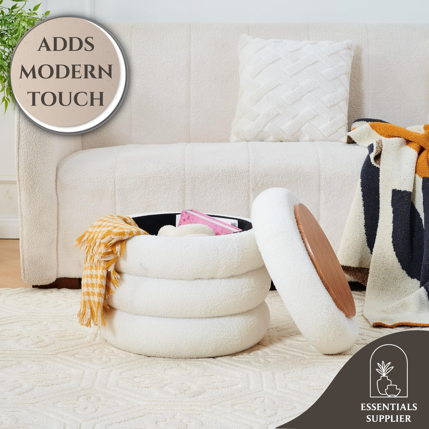 Round Shape Storage Ottoman Stool with Flip Tray, Vanity & Footrest Chair, White