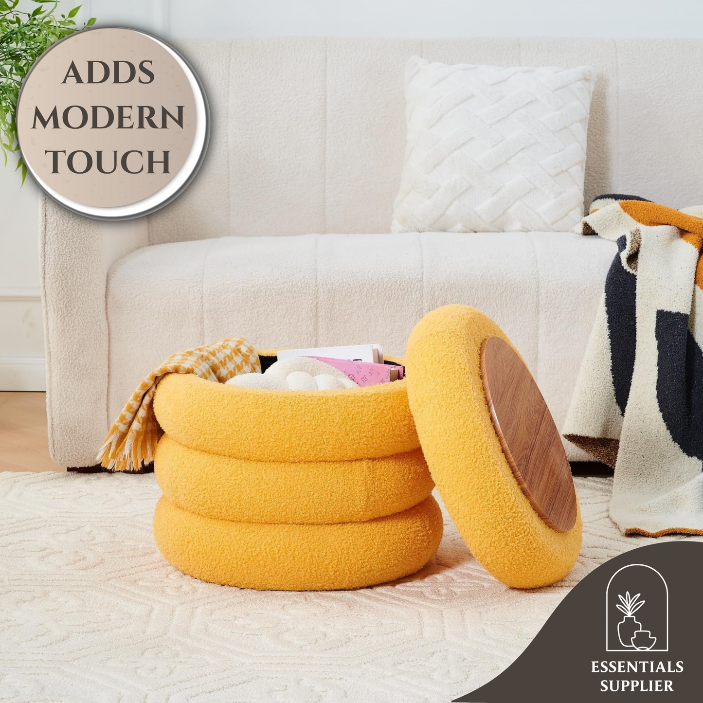 Round Shape Storage Ottoman Stool with Flip Tray, Vanity & Footrest Chair, Yellow