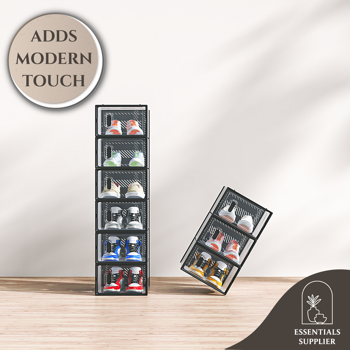 6-Pack Black Plastic Mesh Shoe Boxes – 33x23x14cm Modular Storage Set