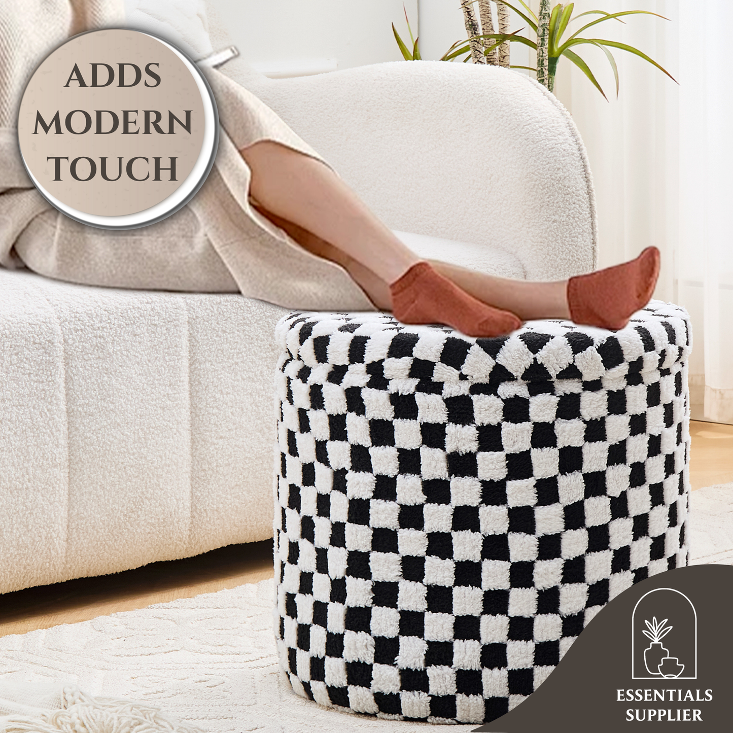 Round Black Faux Fur Ottoman with Storage – Footrest for Bedroom or Vanity