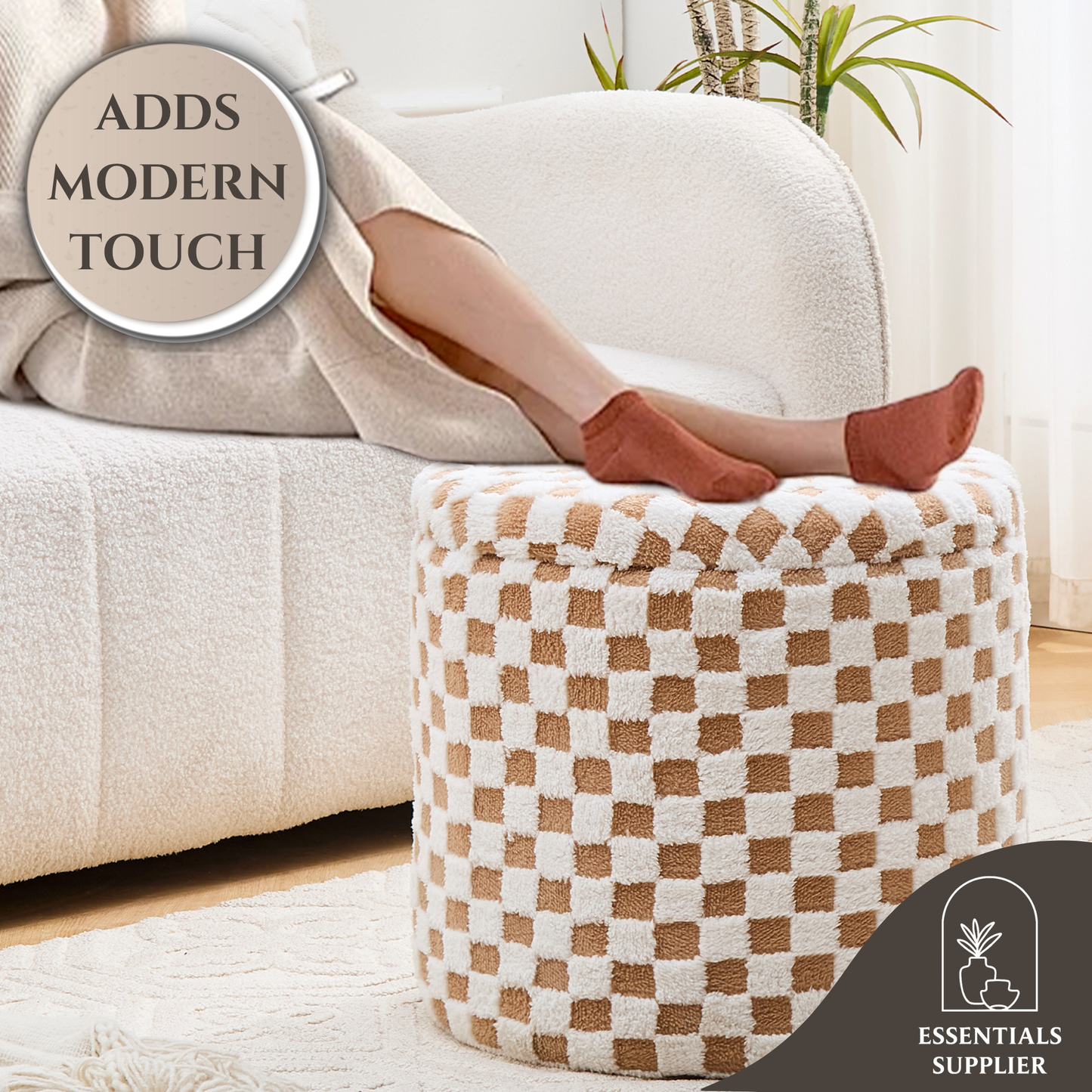 Round Brown Faux Fur Ottoman with Storage – Footrest for Bedroom or Vanity