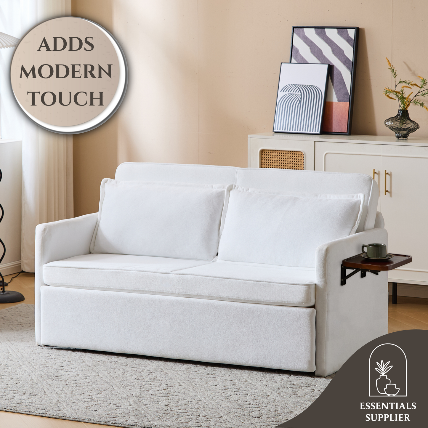 3-in-1 Sleeper Chair Bed with Tray & USB, Convertible Sofa in, White