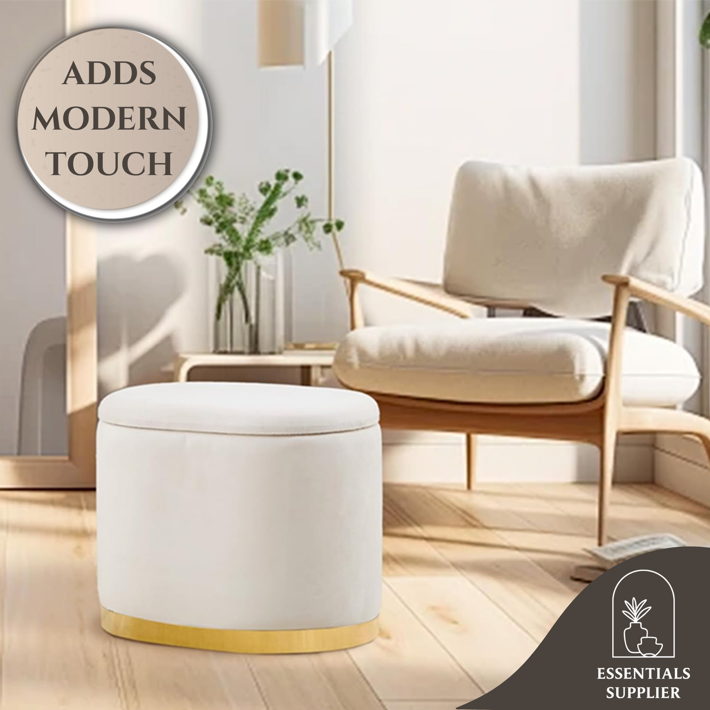 Round Storage Ottoman with Flip-Top Lid – Cream Upholstered Stool