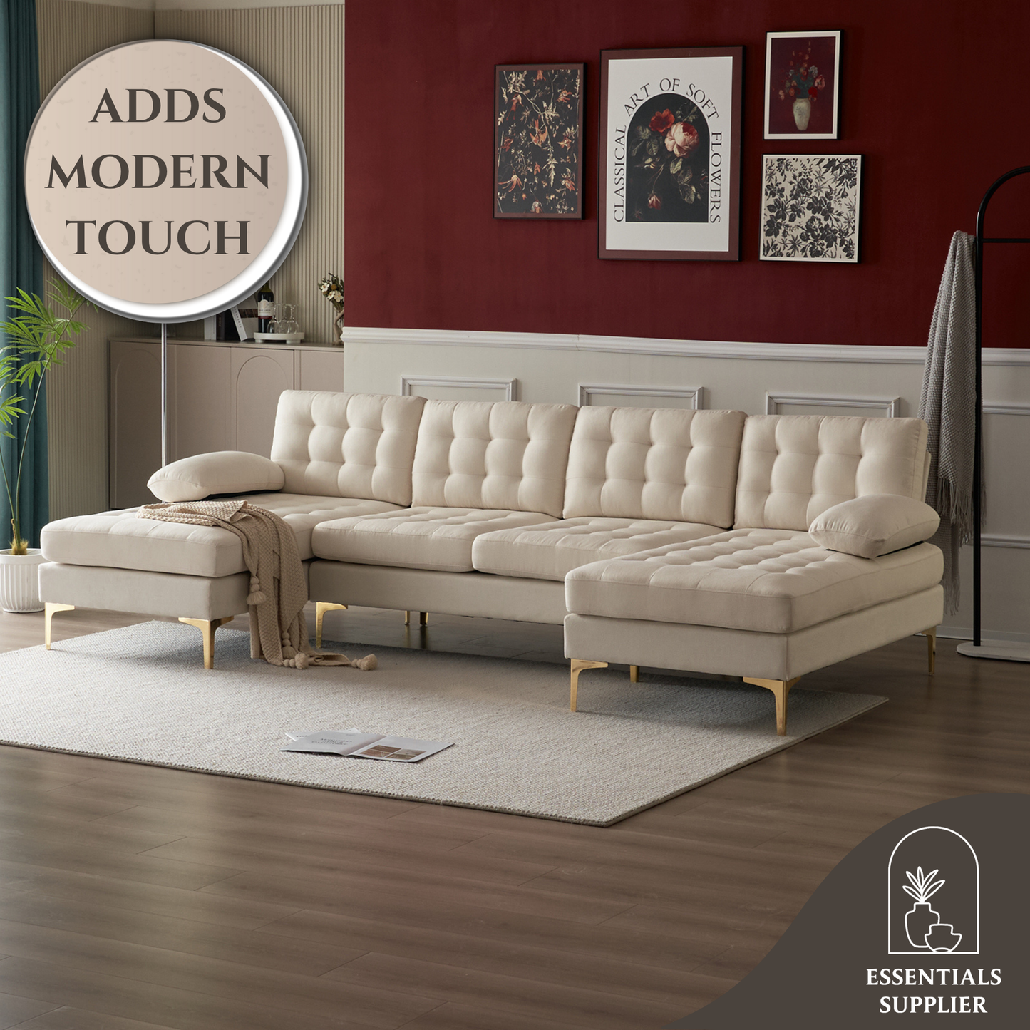 U-Shaped Sectional Sofa – Soft Armrest & Backrest, Wooden & Iron Frame with Gold Legs, Beige Upholstery