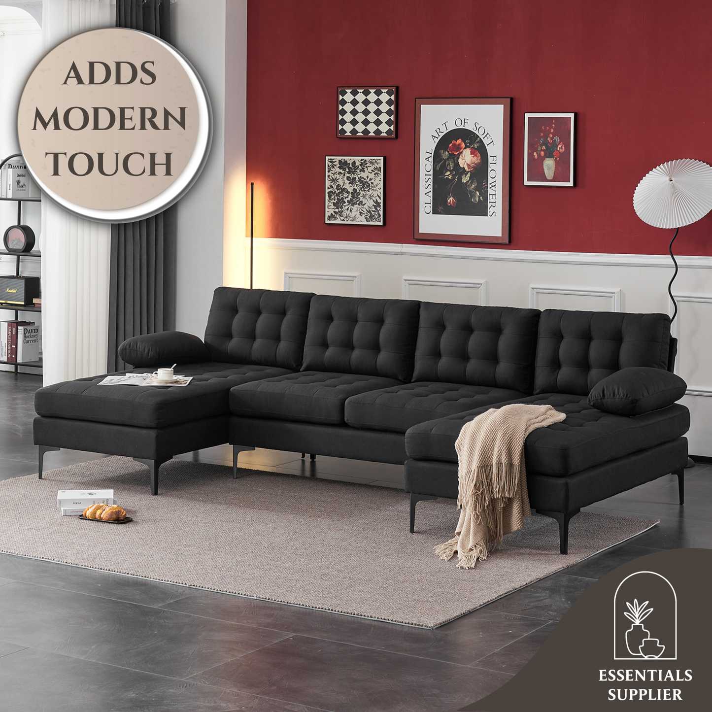 U-Shaped Sectional Sofa – Black Upholstery, Wooden & Iron Frame with Black L