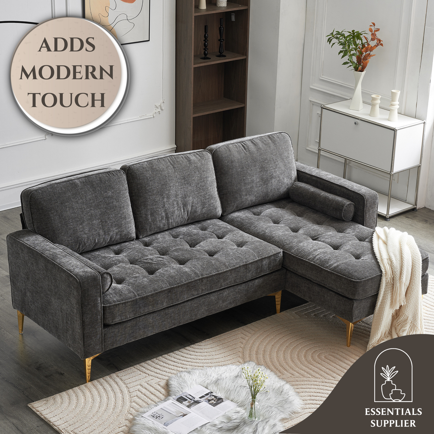 3-Seater Chenille Modular Sofa with Footstool, Gold Legs – Dark Gray