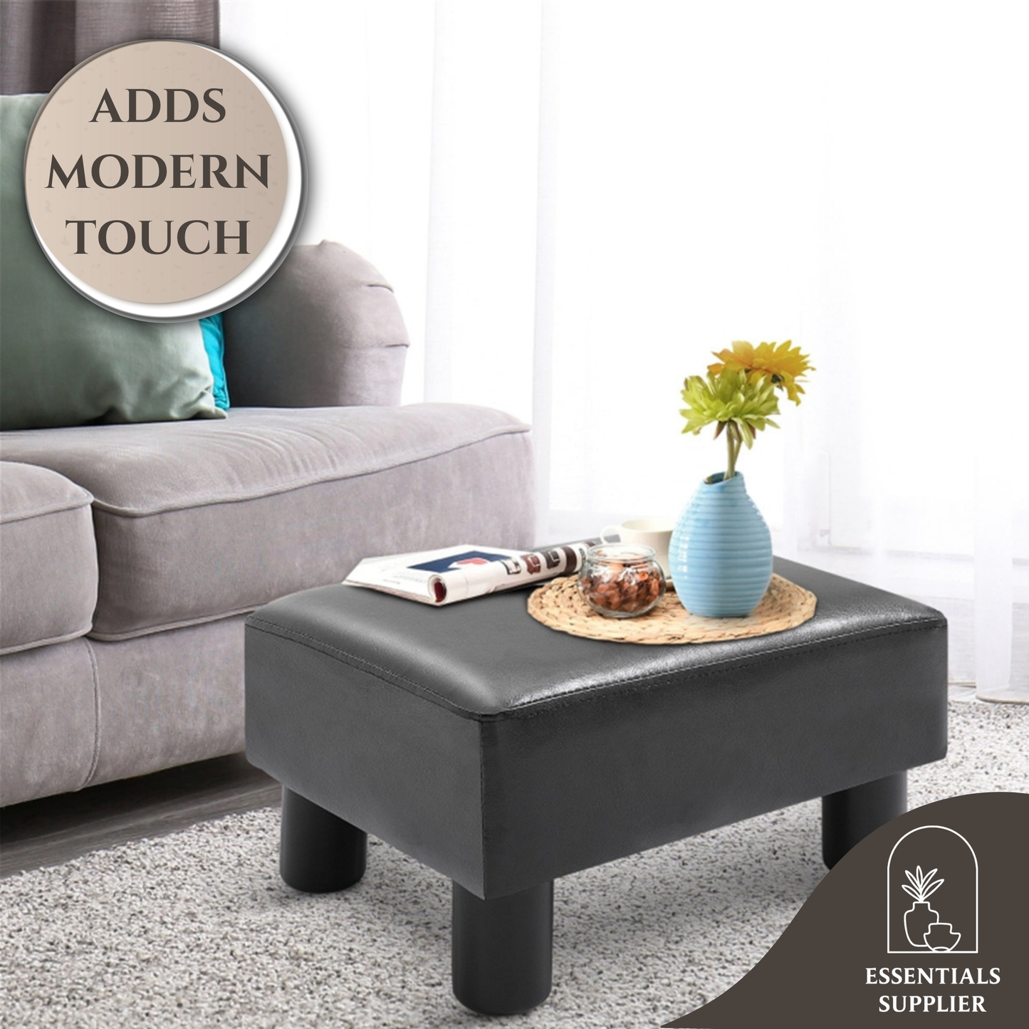 Black Faux Leather Foot Rest Ottoman – Chic, Lightweight & Durable