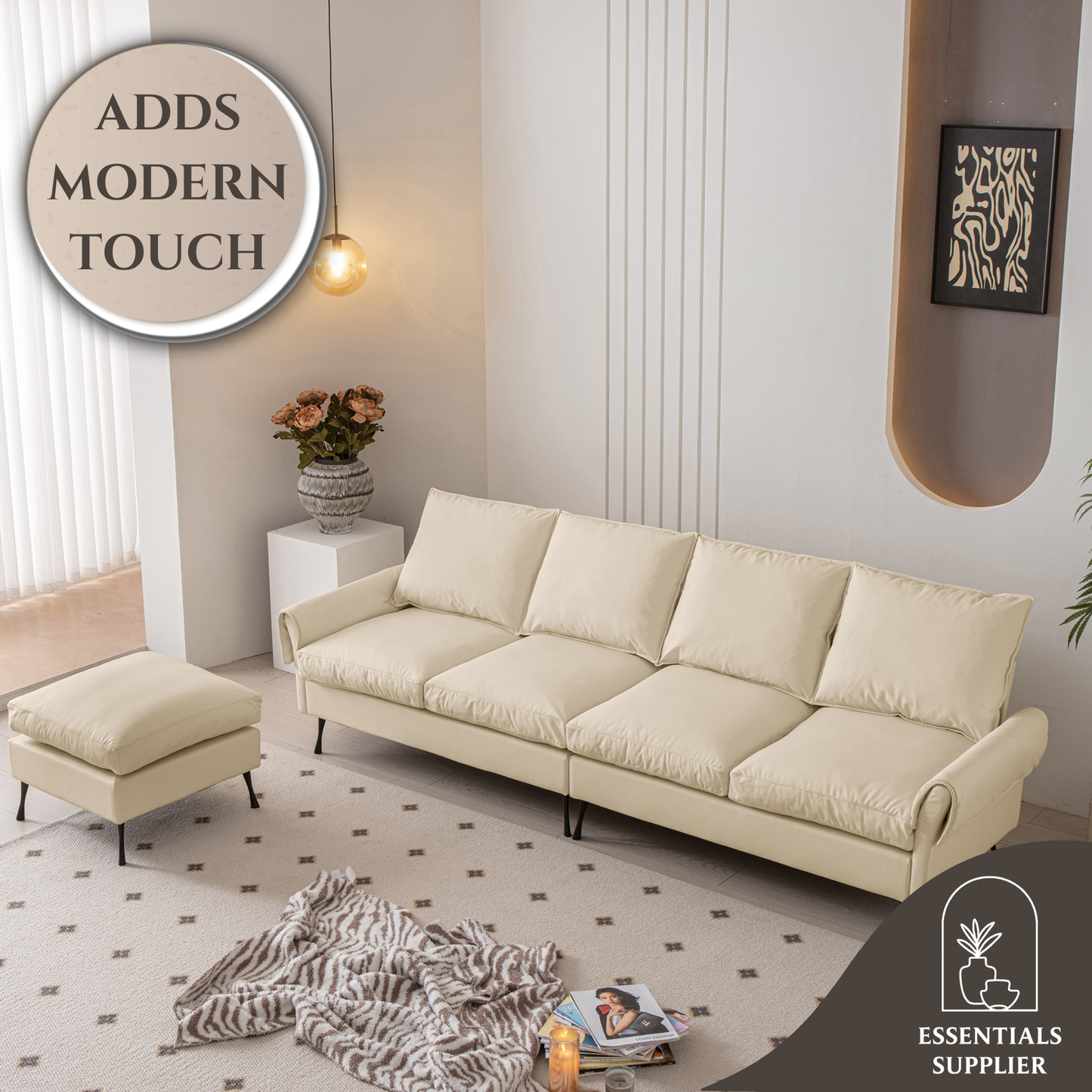 104.5" Modern L-Shaped Tech Leather Sofa with Convertible Ottoman