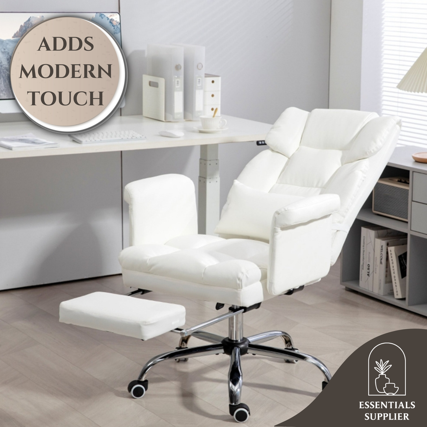 White Massage Office Chair with Reclining Back, Footrest & PU Leather Finish
