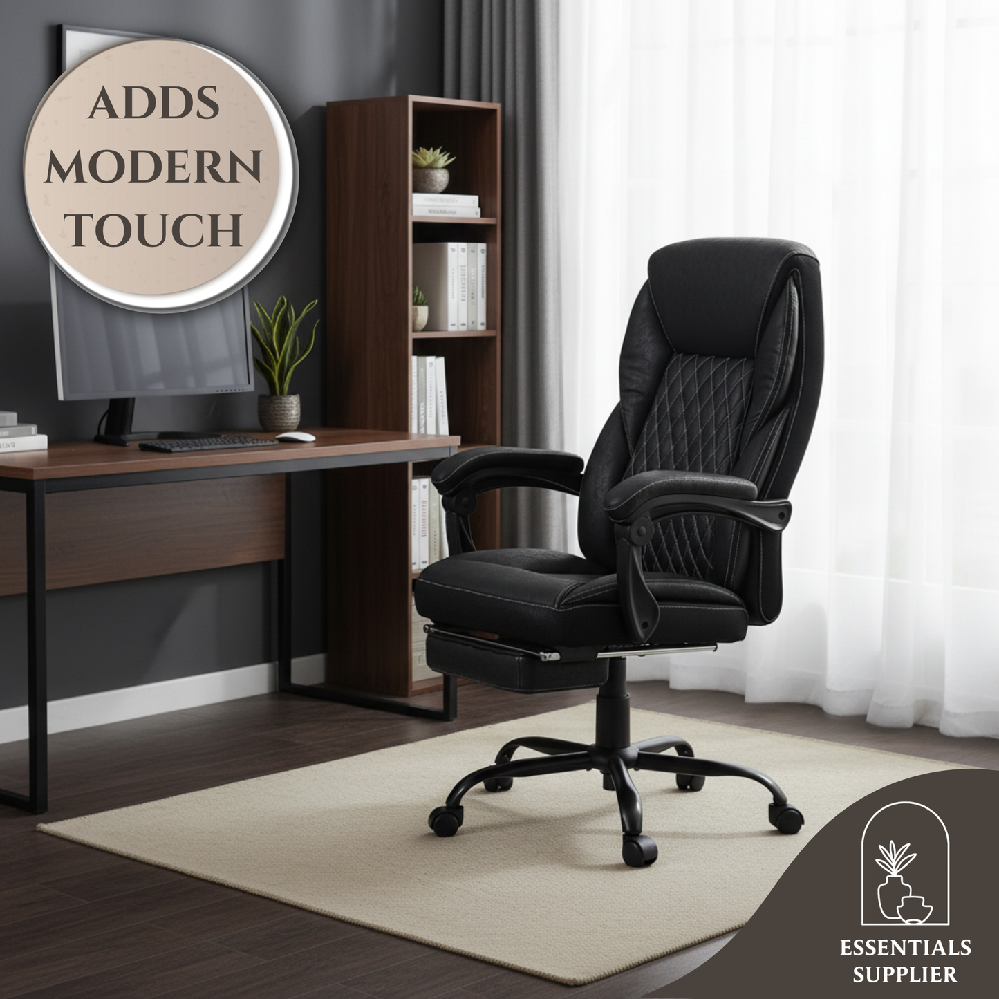 Black High-Back Reclining Office Chair with Footrest & Microfiber Upholstery