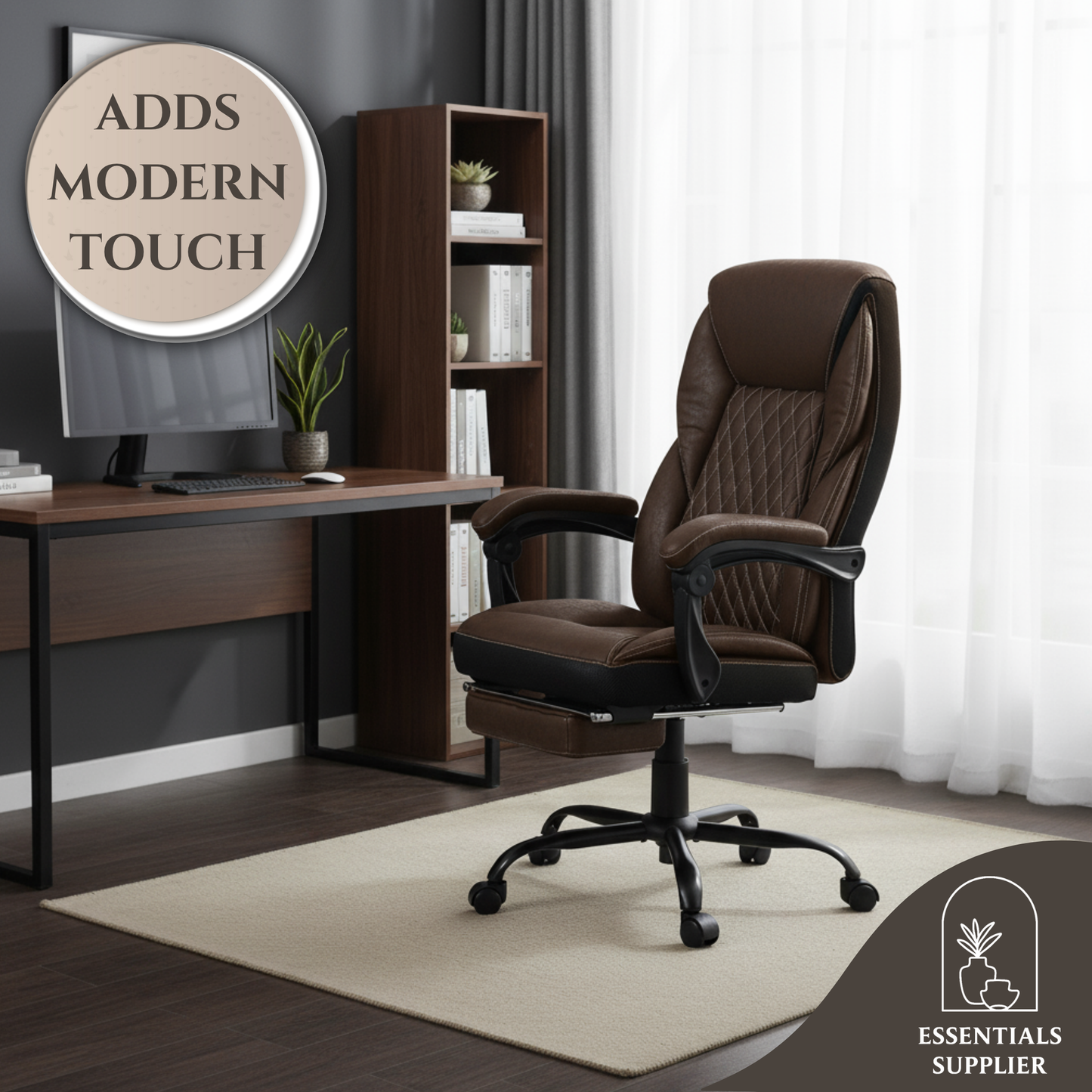 Dark Brown High-Back Reclining Office Chair with Footrest & Microfiber Upholstery