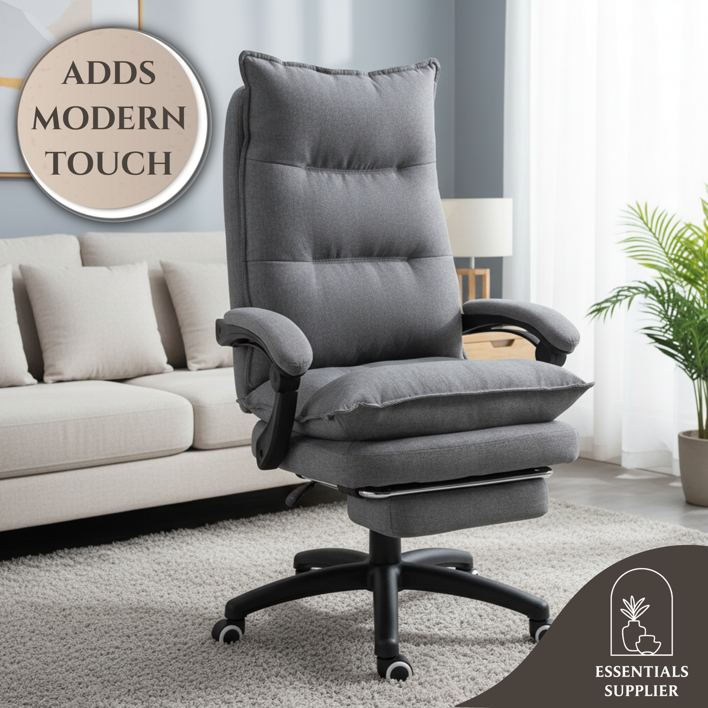Grey High-Back Reclining Office Chair with Footrest & Linen-Style Upholstery