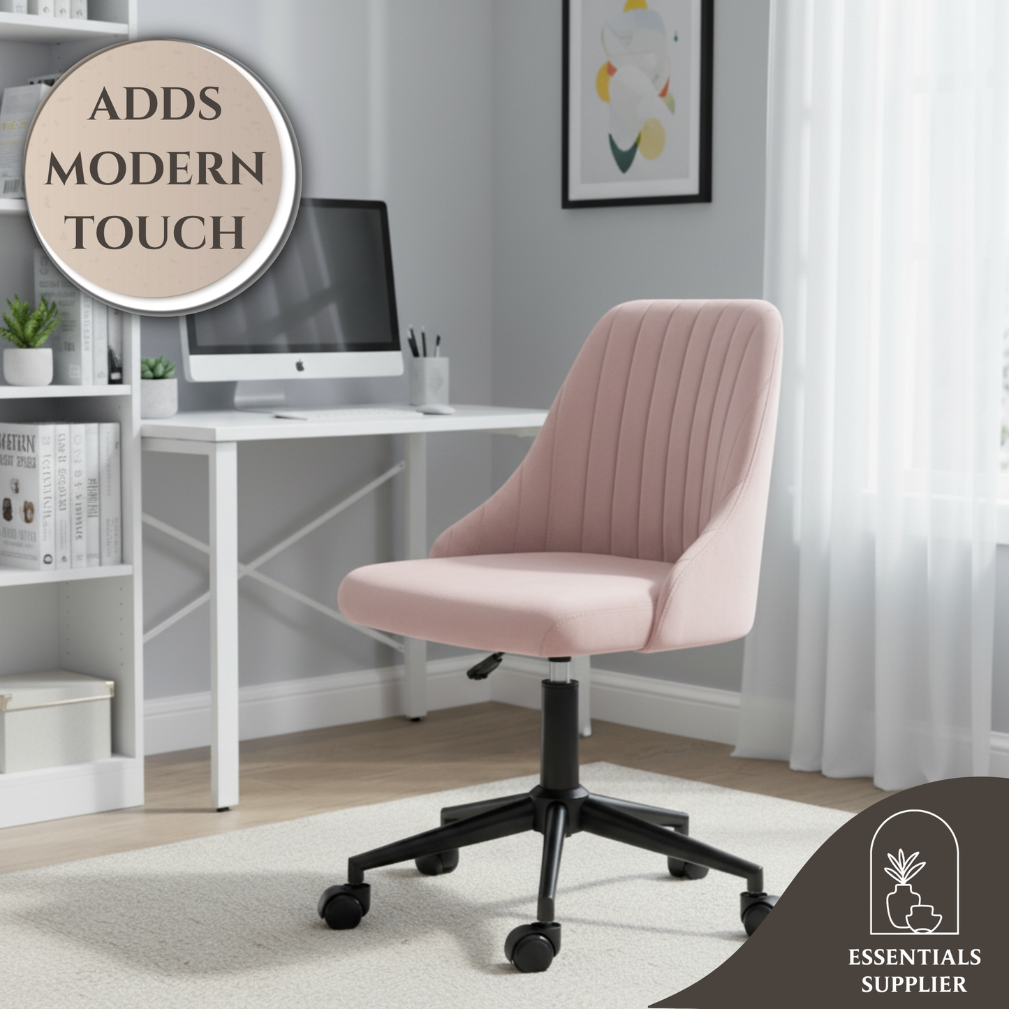 Pink Velvet Scallop Swivel Office Chair – Adjustable Height & Chic Design