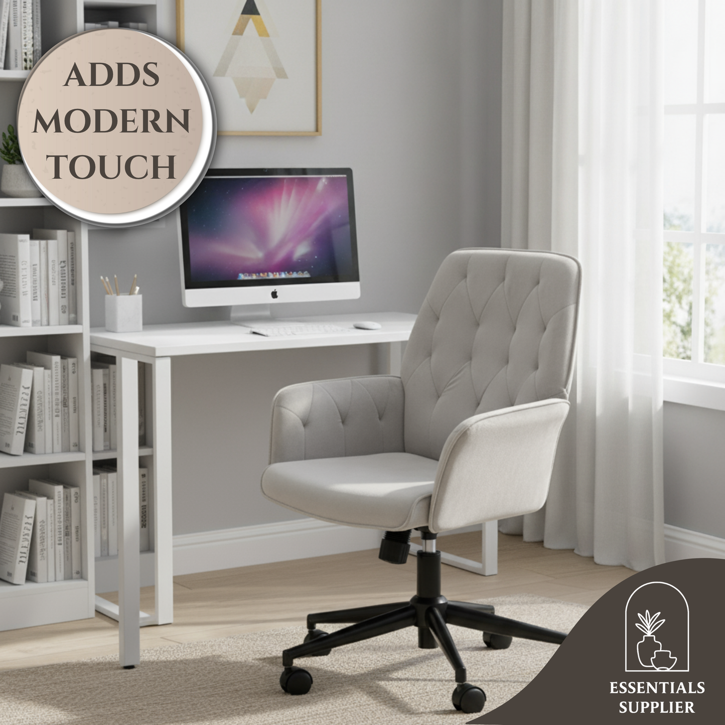 Grey Velvet Office Chair – Adjustable Height with Rocking Back & Armrests