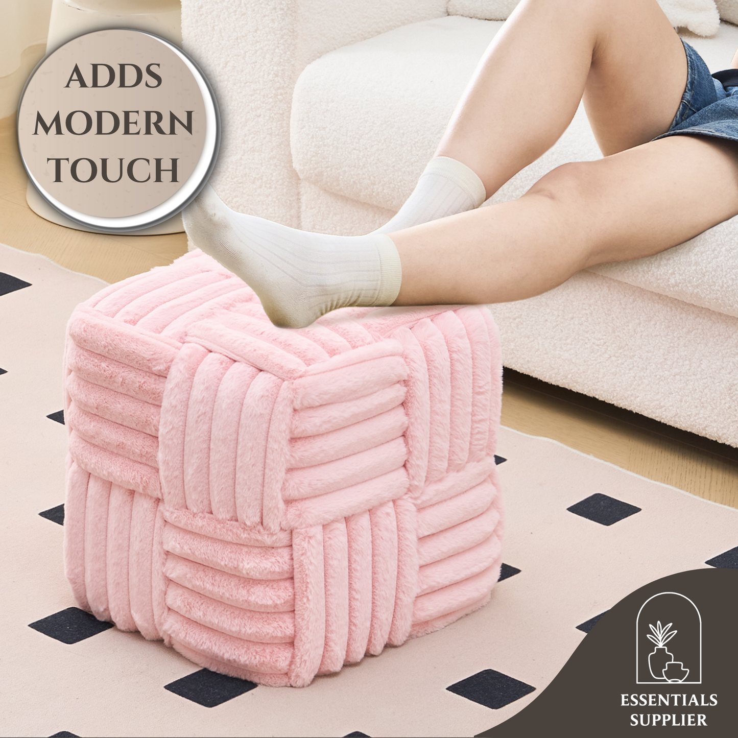 Pink Corduroy Ottoman Vanity Stool – Square Footrest for Bedroom & Entryway