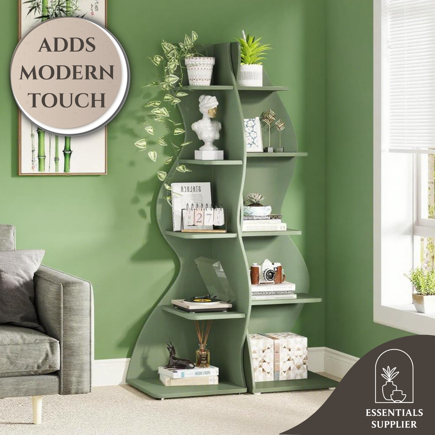 Bookcase Wavy 5-Tier Green Corner Bookshelf – Modern Sculpted Storage Rack