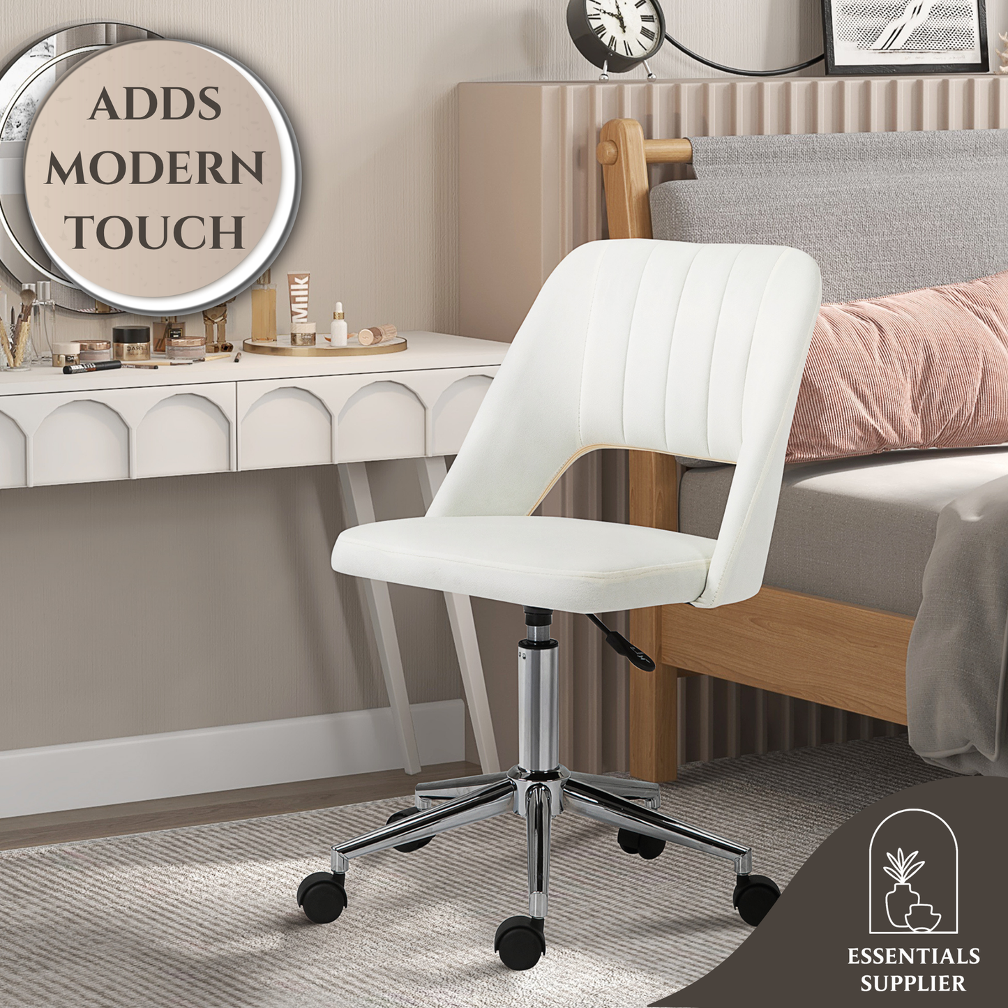 Modern White Velvet Office Chair – Adjustable Height, Swivel Base & Scallop Backrest