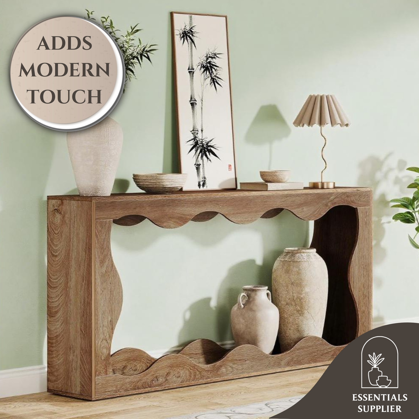 63" Light Brown Farmhouse Wavy Console Table – 2-Tier Entryway & Sofa Table