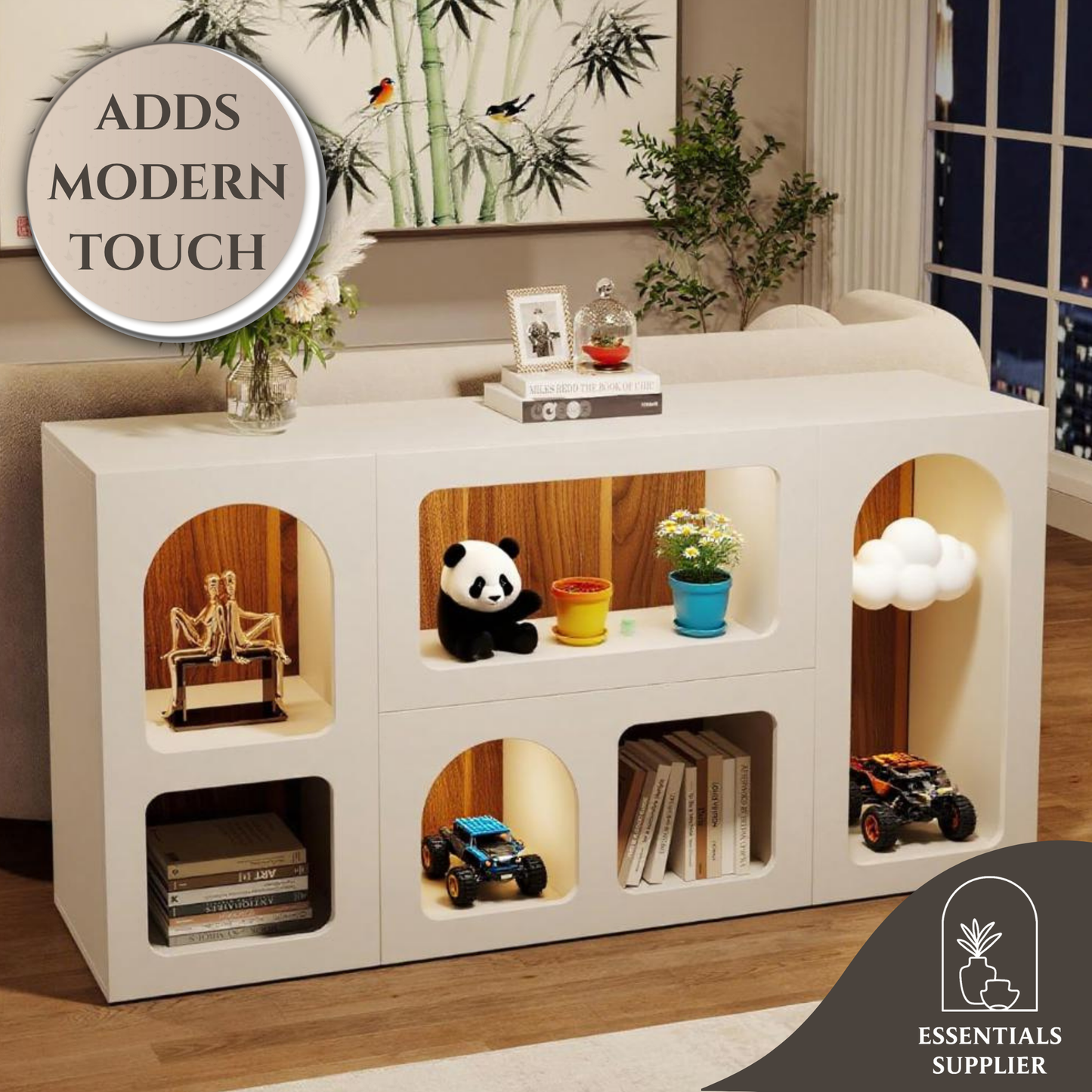 Modern White 6-Compartment Long Console Table – Elegant Storage & Display Unit