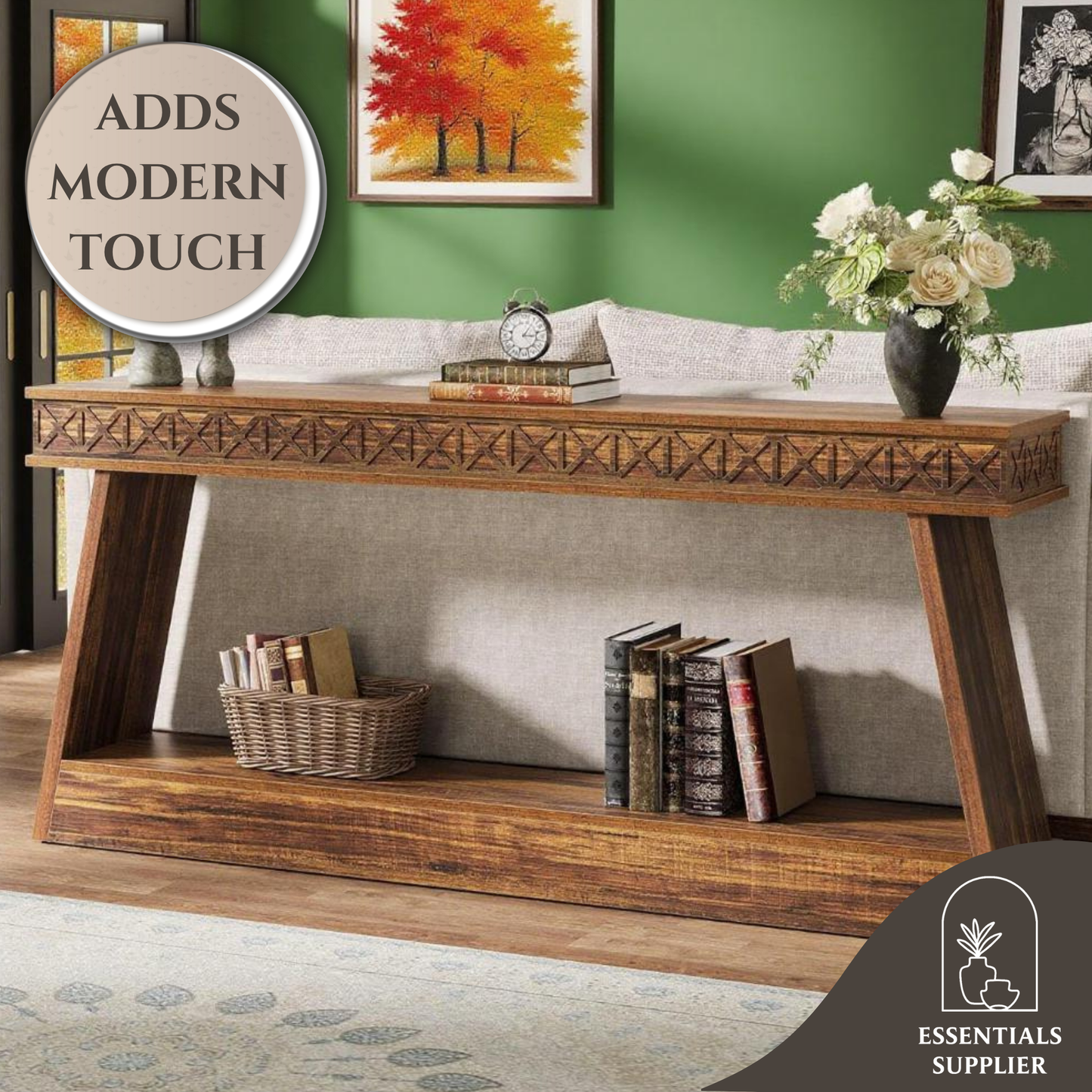 Dark Brown 2-Tier Long Console Table – Rustic Farmhouse Entryway & Sofa Display