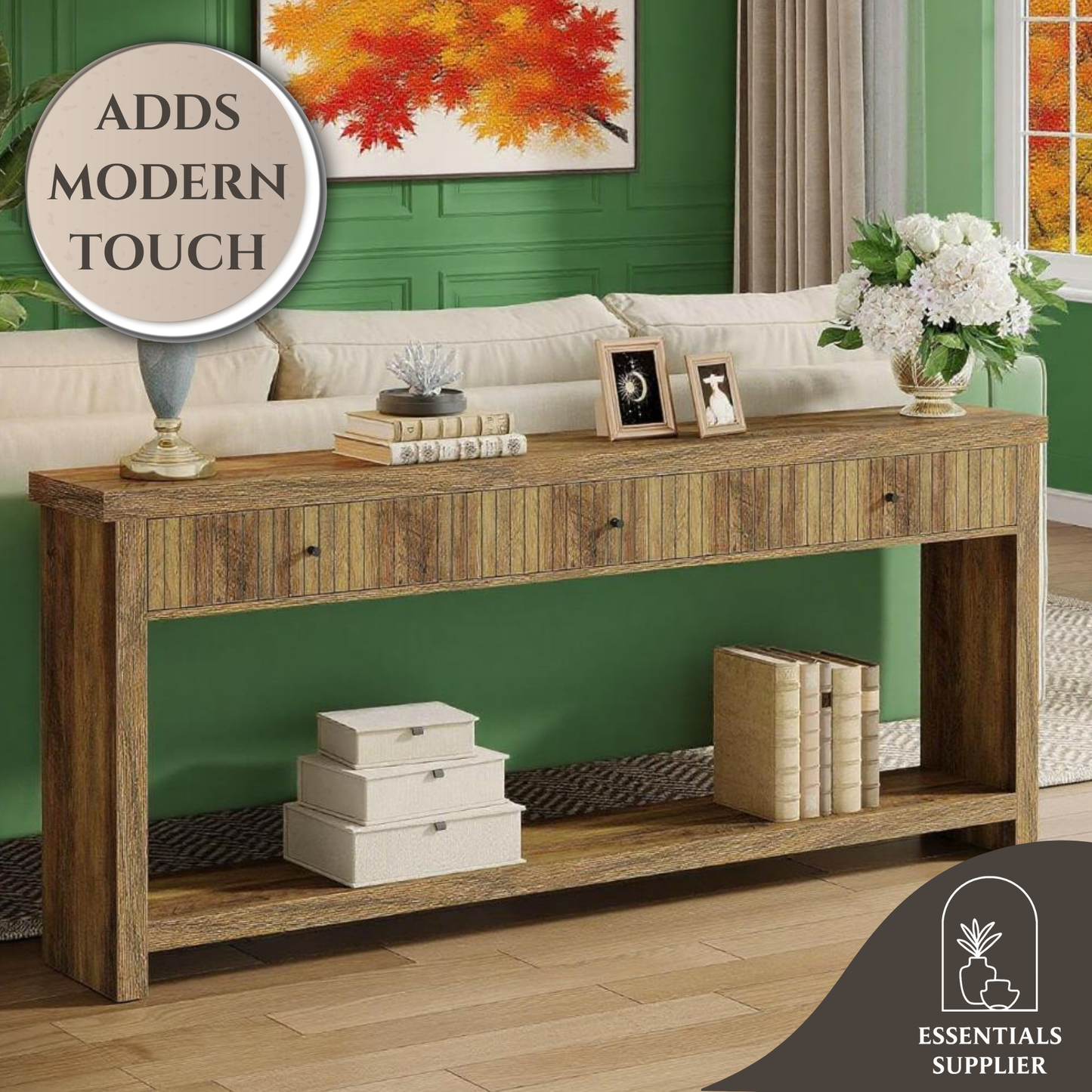 71" Oak Long Console Table – Fluted Drawers & Open Shelf Storage by Tribesigns