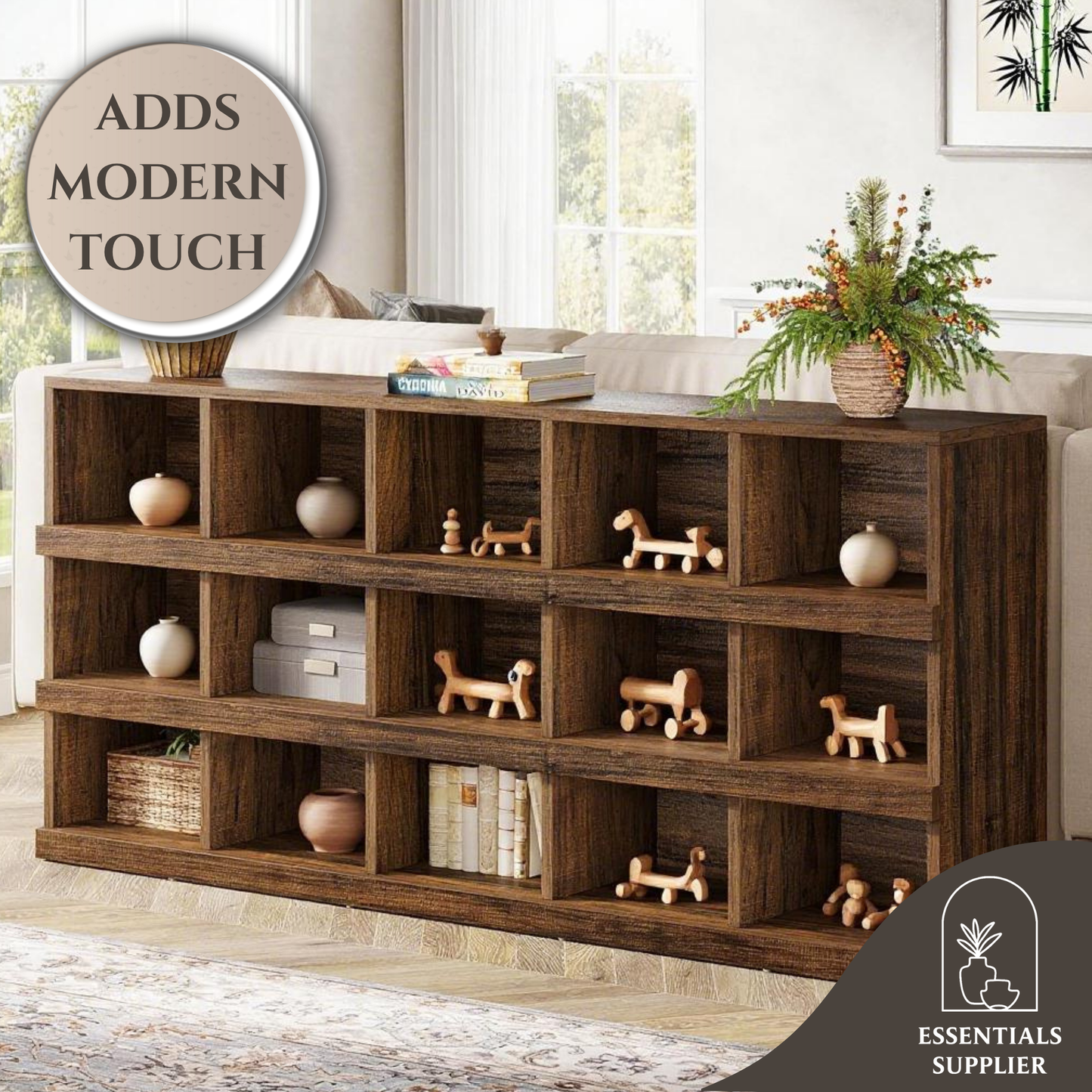 71" Rustic Brown Farmhouse Console Table – 4-Tier, 15-Cube Storage by Tribesigns