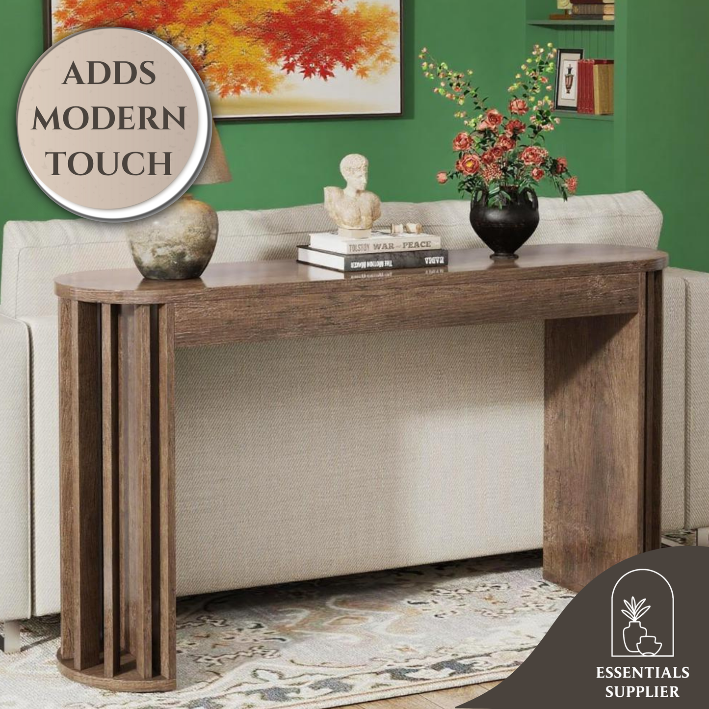 59" Vintage Wood Console Table with Curved Base – Rustic Entryway & Sofa Accent