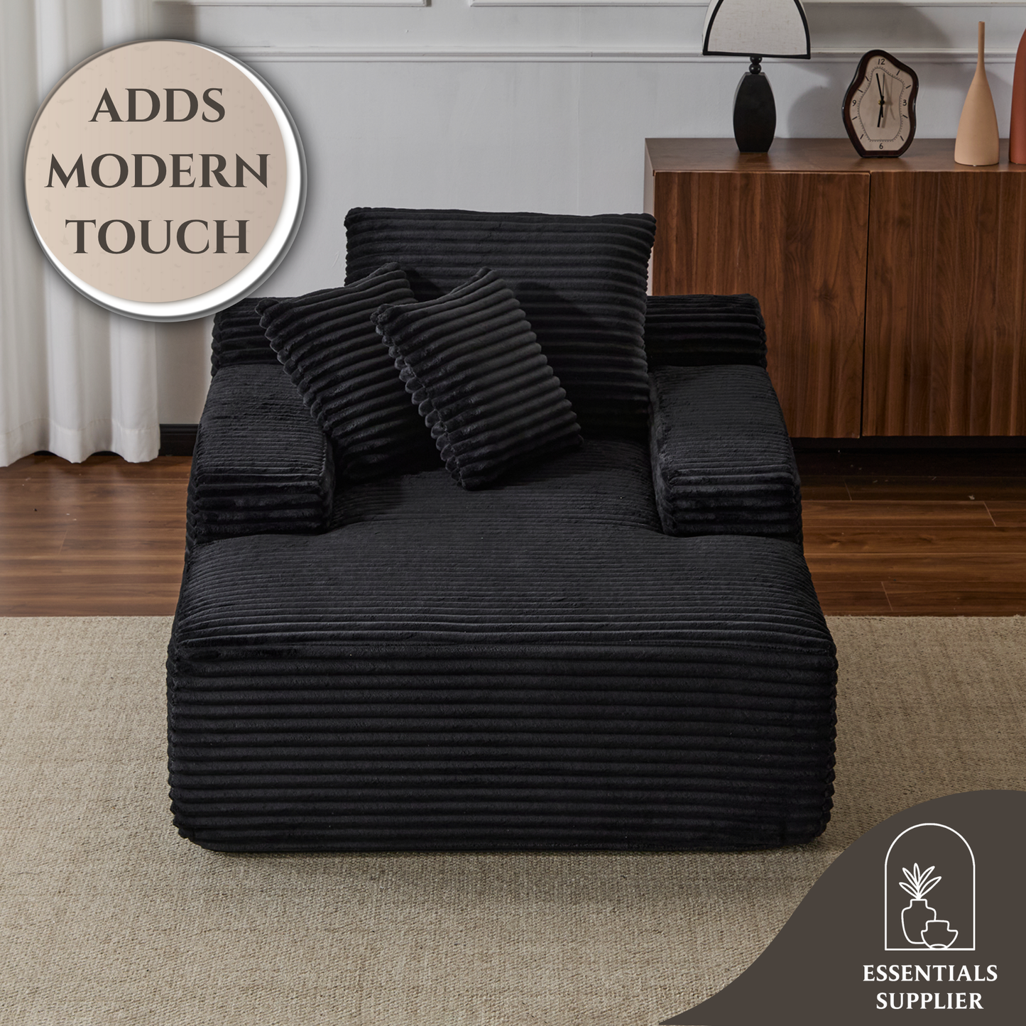 Oversized Chaise Lounge Chair – Plush Corduroy Cloud Couch with 3 Pillows, Black