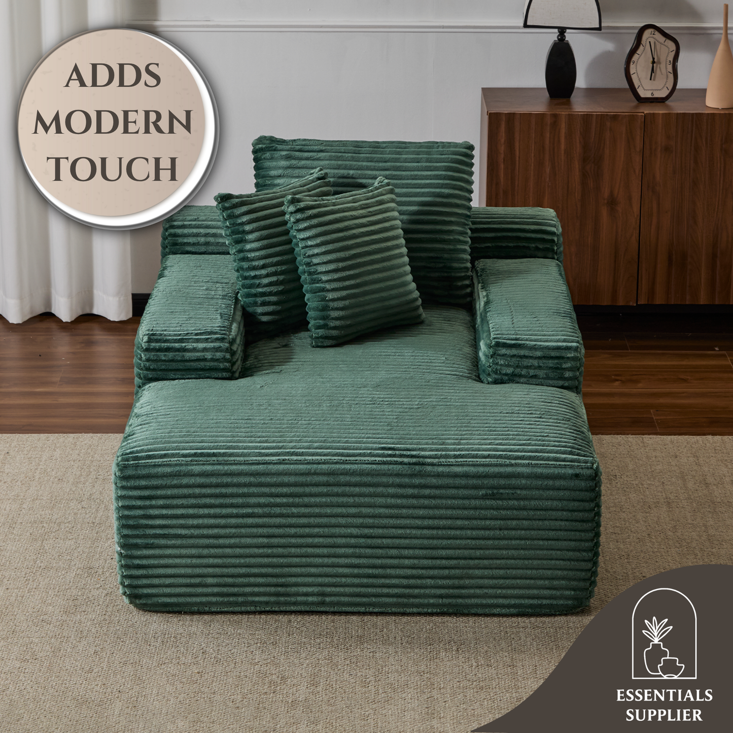 Oversized Chaise Lounge Chair – Plush Corduroy Cloud Couch with 3 Pillows, Green
