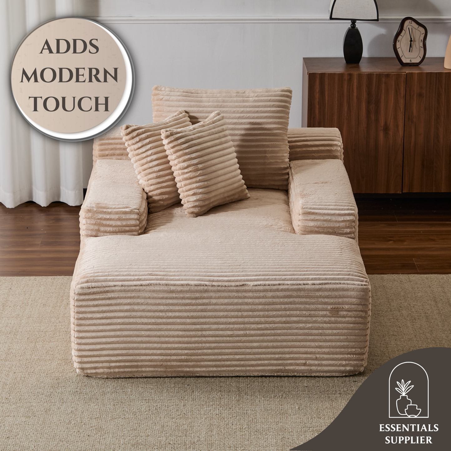Oversized Chaise Lounge Chair – Plush Corduroy Cloud Couch with 3 Pillows, Beige