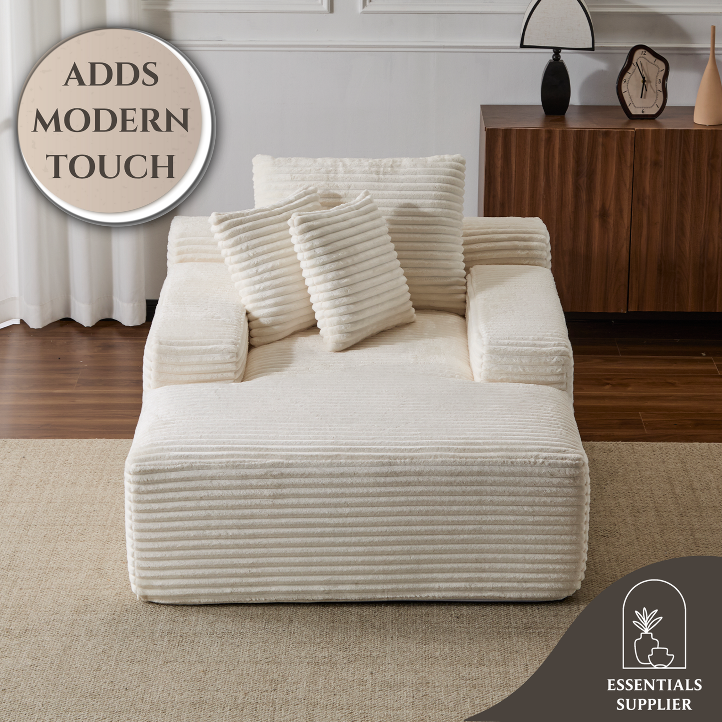 Oversized Chaise Lounge Chair – Plush Corduroy Cloud Couch with 3 Pillows, White