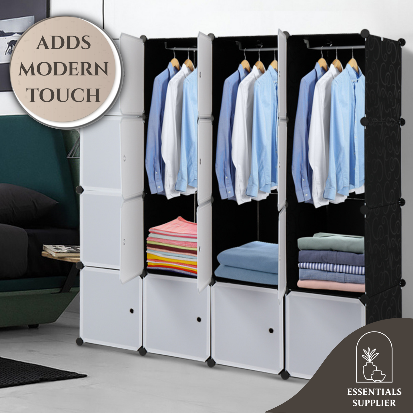 16-Cube Modular Closet Organizer with Hanging Rods, White Doors & Black Panels