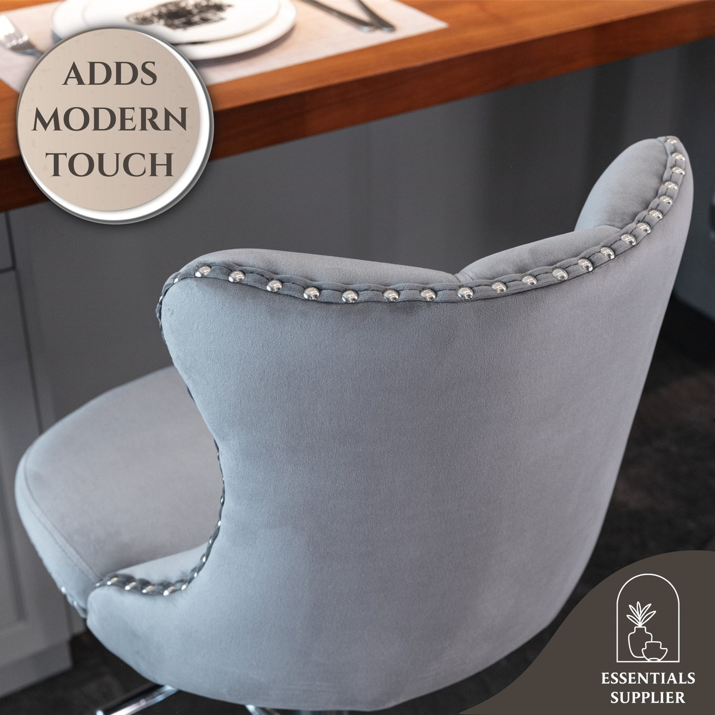 Set of 2 Gray Velvet Swivel Barstools, Adjustable Height 25–33", with Backs