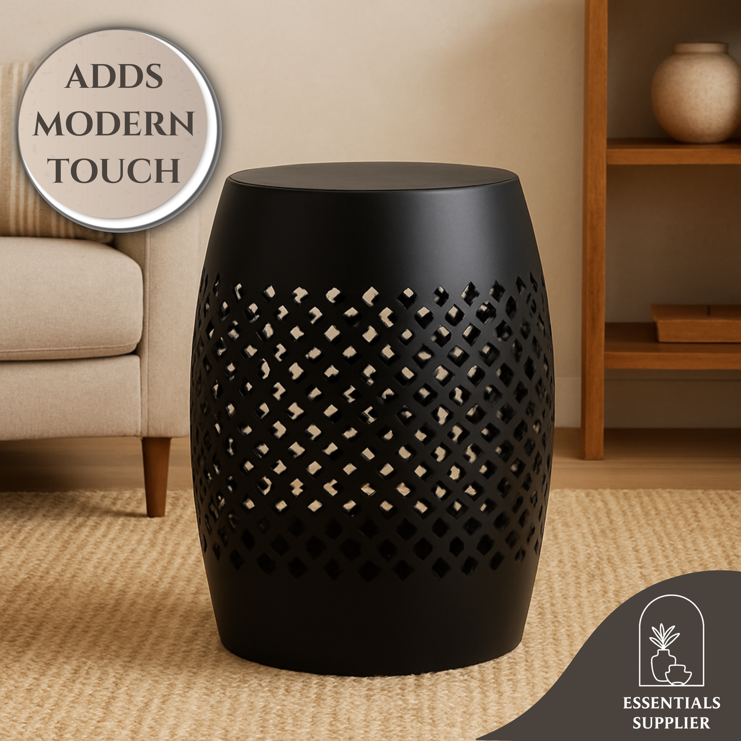 Modern Black Steel Drum Coffee Table with Decorative Cutout Design