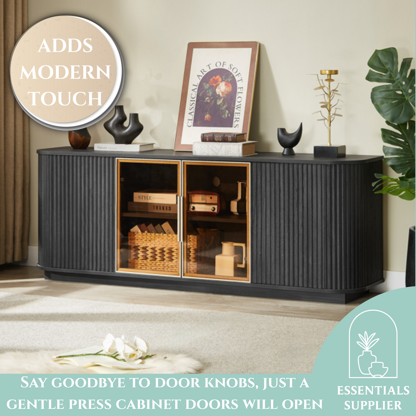 64" Wavy Black TV Cabinet with LED, Glass Doors & Storage for Living Room